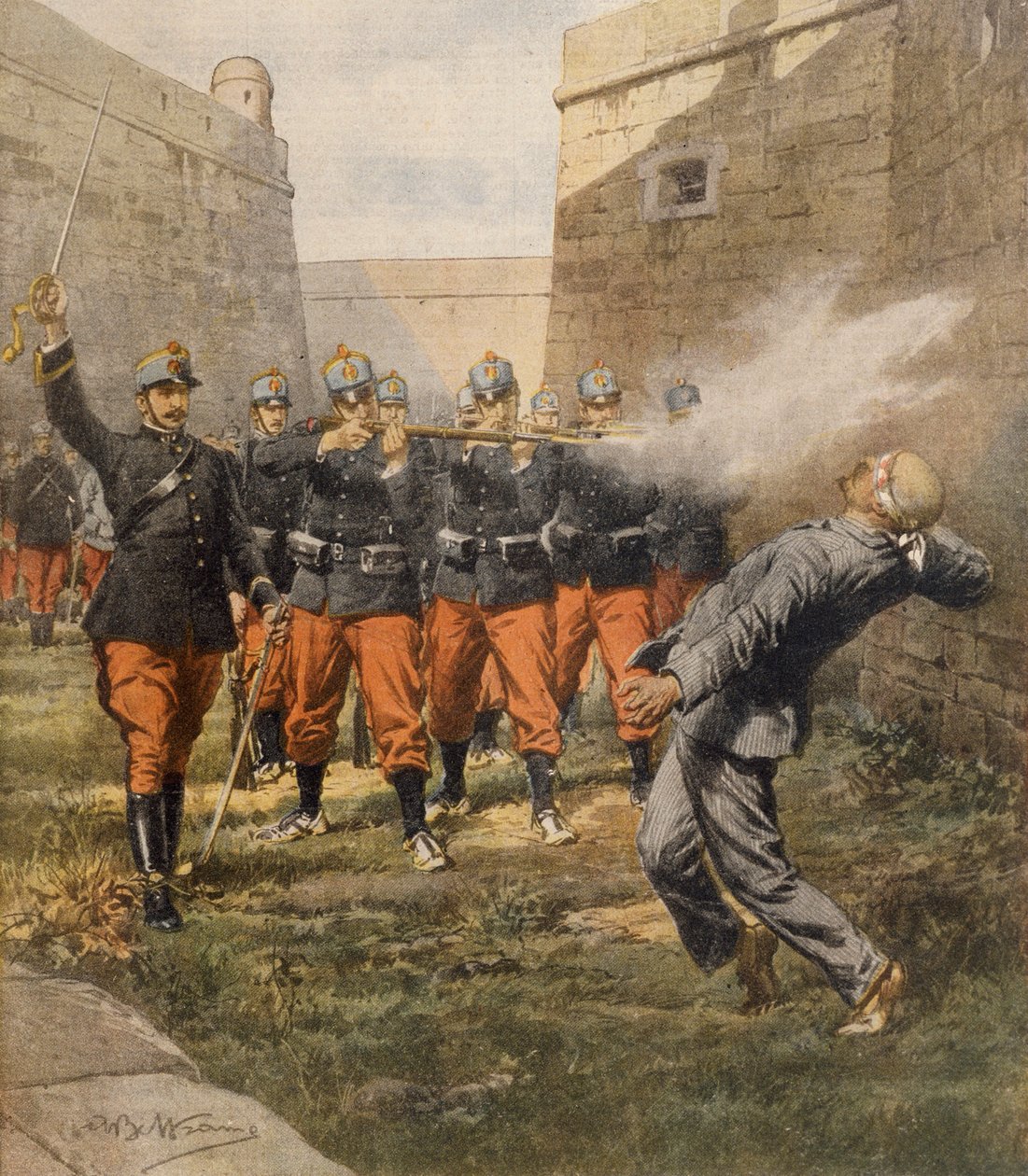 Smrt anarchisty Francesca Ferrera popravčí četou v barcelonské věznici, Achille Beltrame, ilustrace, ilustrátor Achille Beltrame (1871-1945), z La Domenica del Corriere, říjen 1909 od Achille Beltrame
