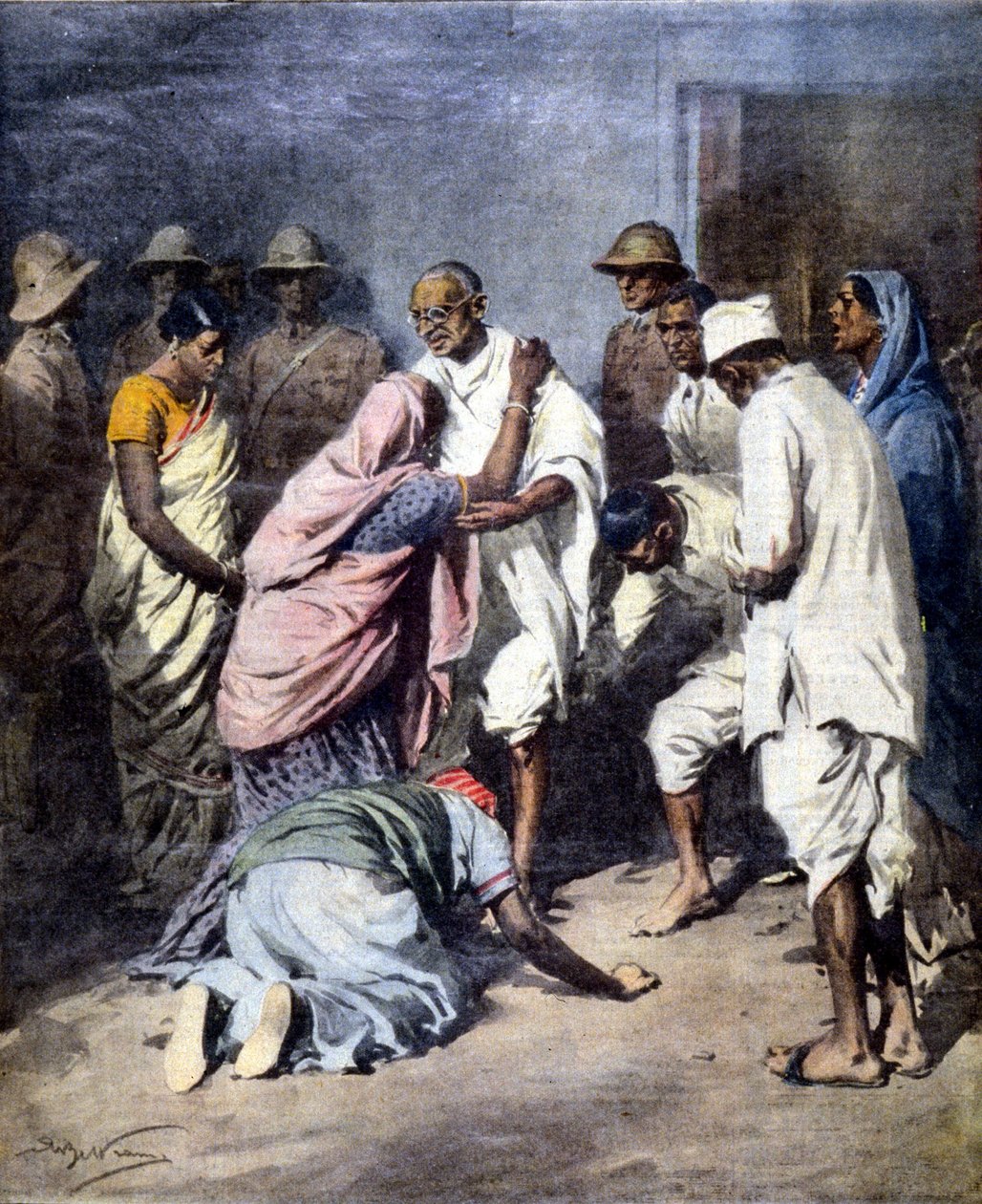 Zatčení Mahátmy Gándhího (1869 - 1948). Nemocný. de Achille Beltrame. Neděle kurýra. 1932 od Achille Beltrame