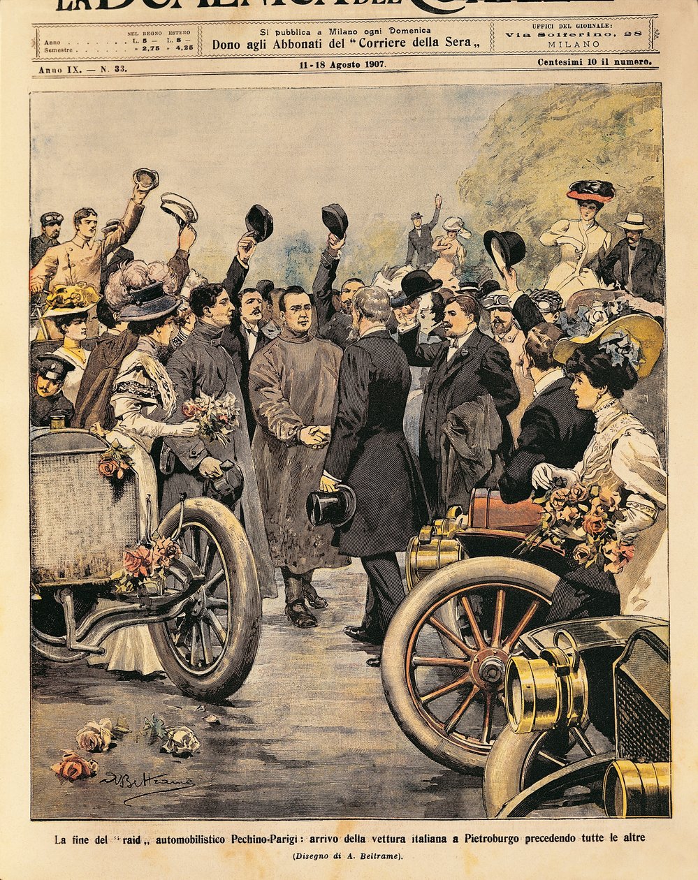 Příjezd italského vítězného vozu do Petrohradu (Itala 35/45 HP řízený Scipione Borghese a Ettore Guizzardi), konec motoristického závodu Paříž-Peking, ilustrace Achille Beltrame z La Domenica del Corriere, 11.-18. od Achille Beltrame