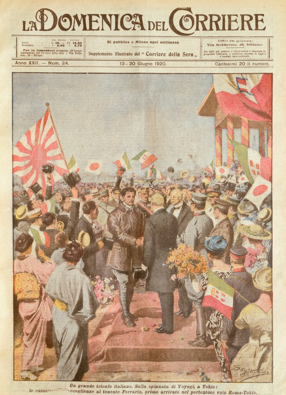 Arturo Ferrarin, letec na dlouhé vzdálenosti přivítaný v Tokiu jako první na trase Řím-Tokio, Achille Beltrame, ilustrace, ilustrátor Achille Beltrame (1871-1945), z La Domenica del Corriere od Achille Beltrame