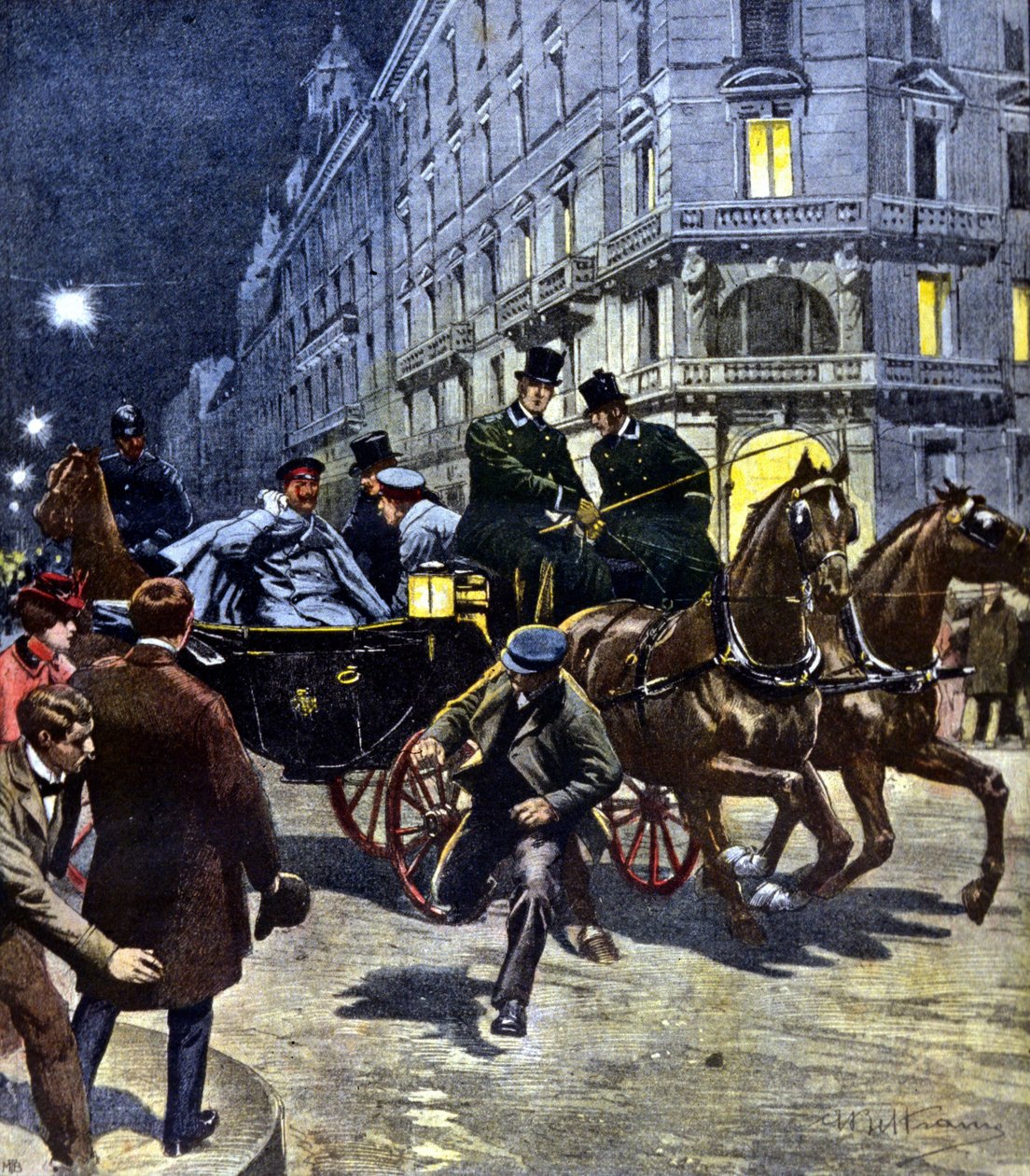 Útok na německého císaře Viléma II. (1859 - 1941) během jeho cesty autobusem na nádraží v Brémách, večer 6.3.1901. Ilustrace Beltrame. La Domenica del corriere. 17.06.1901. od Achille Beltrame