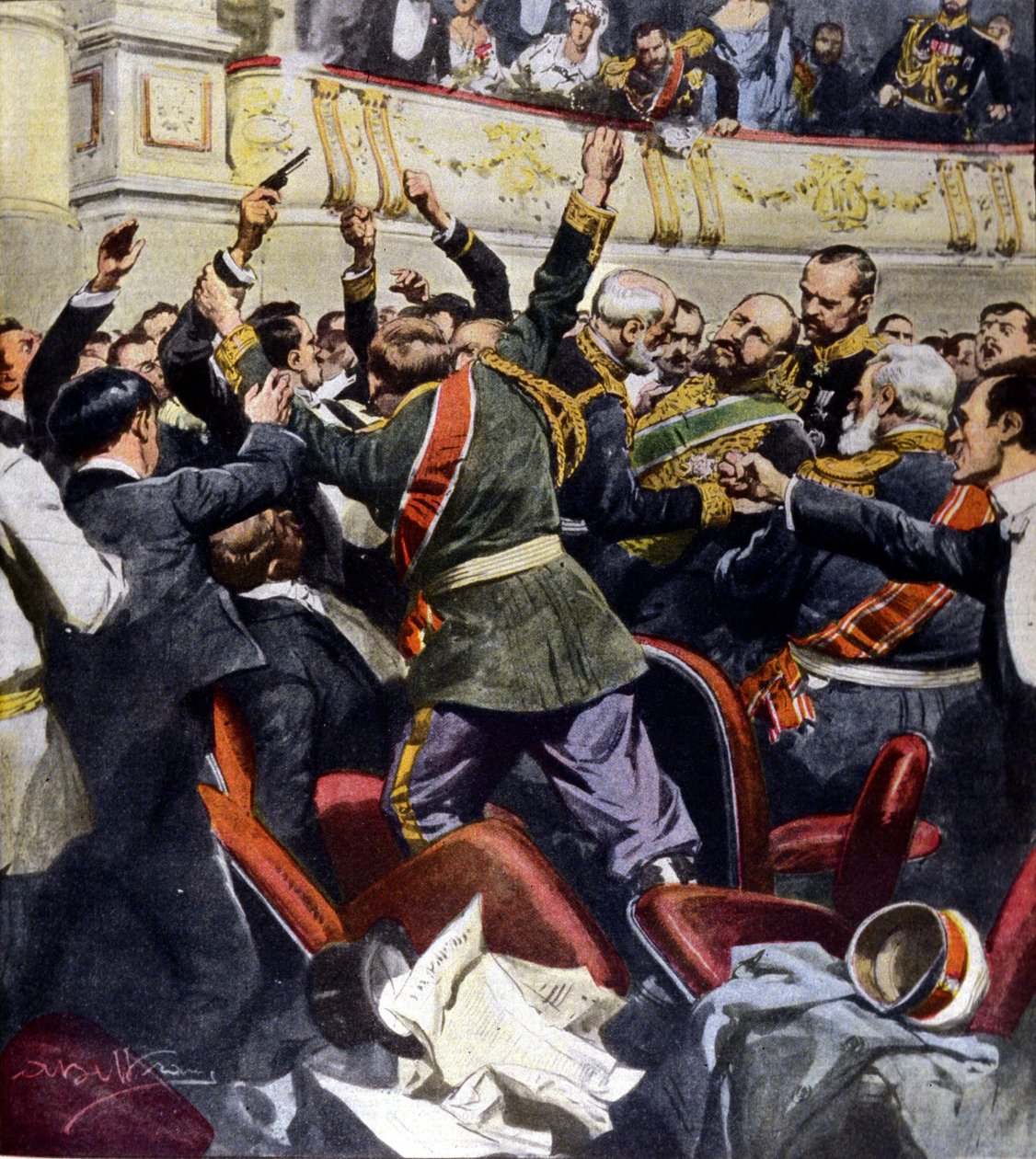 Útok na ruského ministra Stolypina v Kyjevském městském divadle. Ilustrace Beltrame od Achille Beltrame