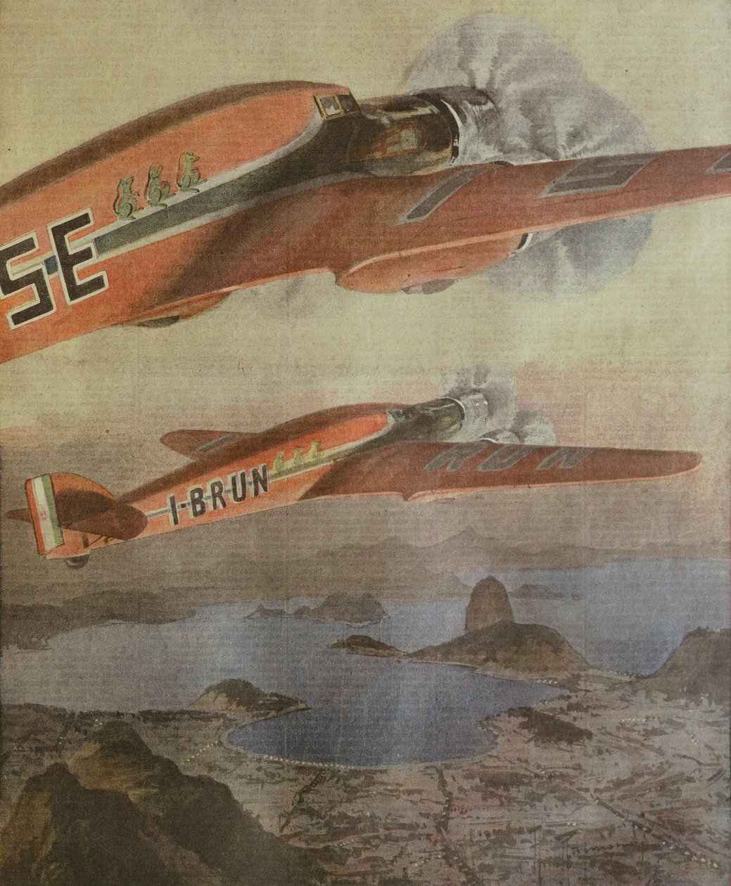 Transatlantický let Attilio Biseo a Bruno Mussolini Itálie-Brazílie, Achille Beltrame, ilustrace, Ilustrátor Achille Beltrame (1871-1945), z La Domenica del Corriere, 6. února 1938 od Achille Beltrame