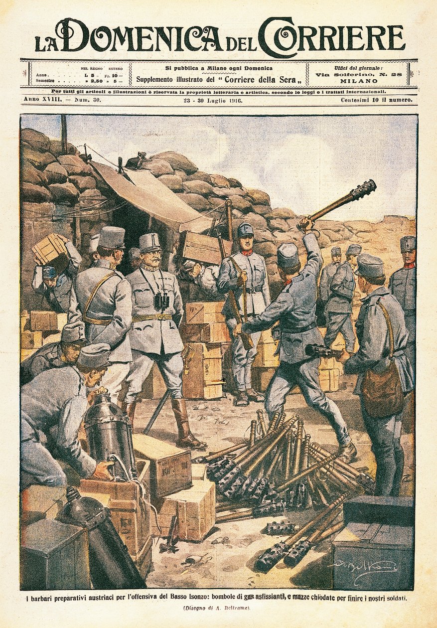 Rakouští barbaři se připravují na ofenzívu na dolním Isonzu, ilustrace z La Domenica del Corriere, 23. července od Achille Beltrame