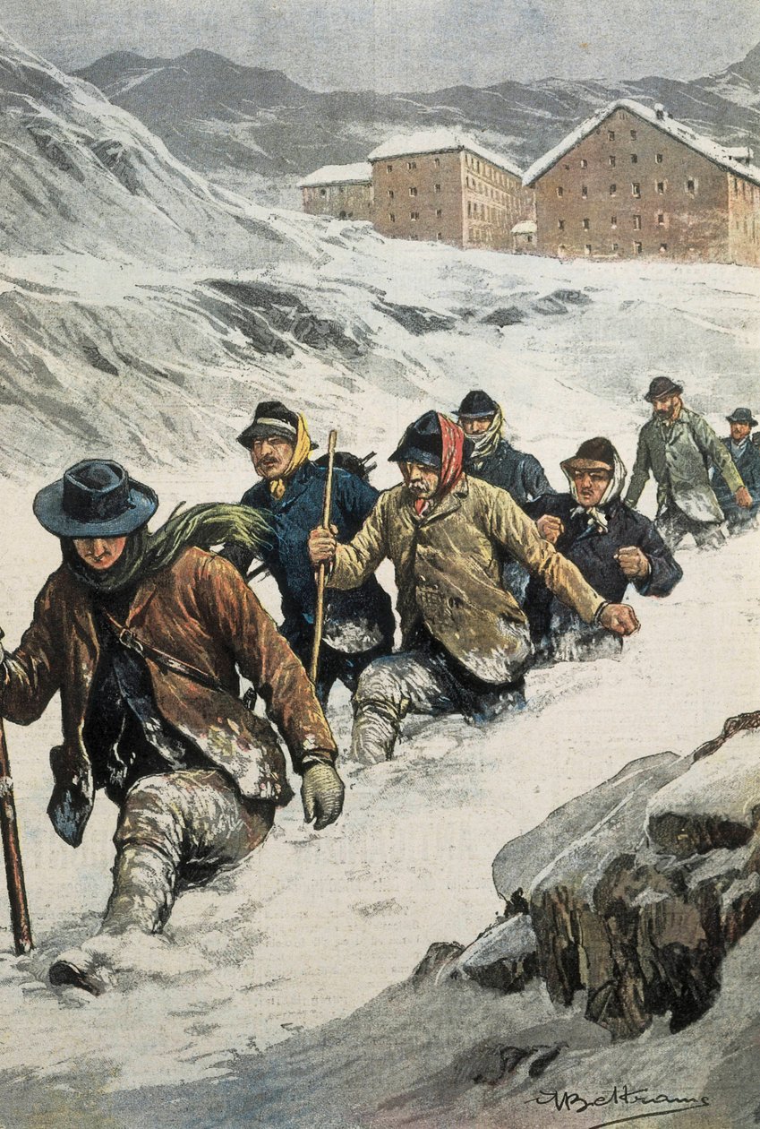 BELTRAME, Achilles (1871-1945). Italští dělníci překračující průsmyk St. Bernard mezi Aostou a Švýcarskem. Obálka „“La Domenica del Corriere““. 14.02.1904. Litografie. od Achille Beltrame