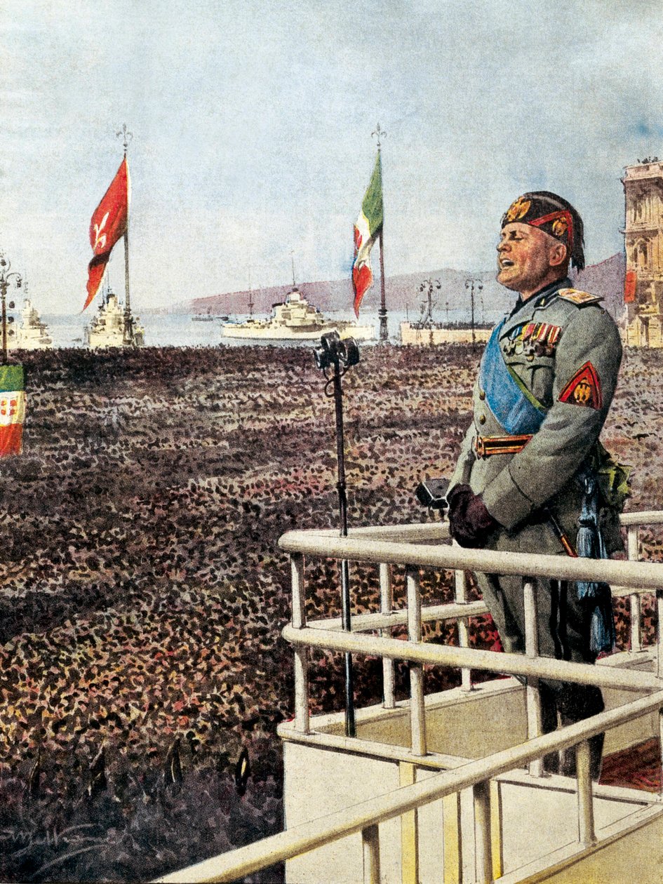 BELTRAME, Achilles (1871-1945). MUSSOLINI, Benito (1883-1945). Italský fašistický politik, italský duce (vůdce) (1925-1943). Duce promlouvá k lidem v Terstu a celému světu (září 1938). Ilustrace Achille Beltrame pro „“ Domenica del Corr od Achille Beltrame