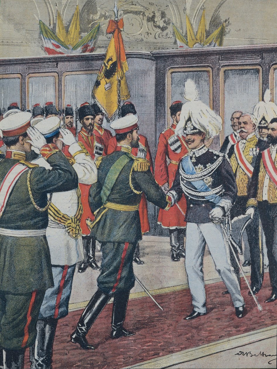 BELTRAME, Achilles (1871-1945). Victor Emmanuel III (1869-1947). italský král (1900-1946); Mikuláše II. ruský car (1894-1917). RUSKO. Car přijímá v Peterhofu italského krále Viktorie Emanuela III. A. Beltrame ilustrace. Domenica z C od Achille Beltrame