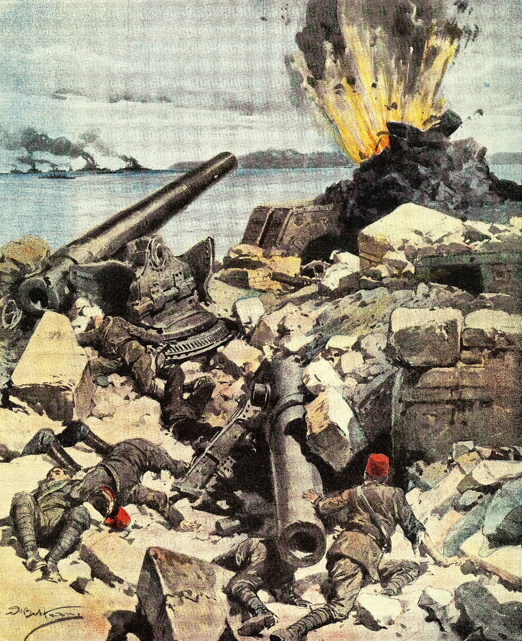Bitva u Dardanel, Anglo-francouzská flotila ničí pevnosti Dardanely, aby prolomila úžinu a dorazila do Konstantinopole, Achille Beltrame (1871-1945), ilustrace z La Domenica del Corriere, 14.-21. od Achille Beltrame
