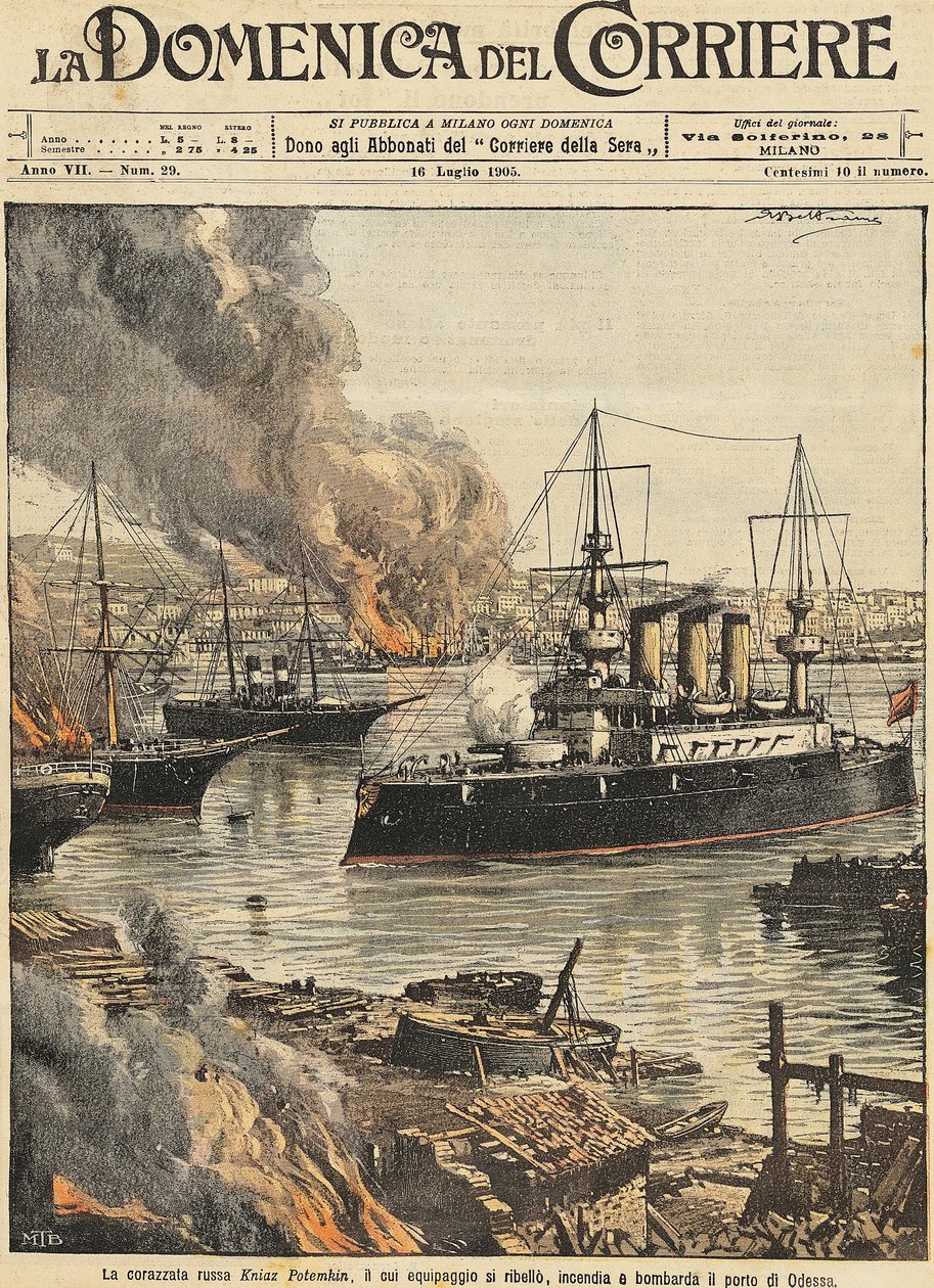 Bitevní loď Potěmkin bombardující Oděsu, Achille Beltrame, ilustrace, Ilustrátor Achille Beltrame (1871-1945), z La Domenica del Corriere od Achille Beltrame