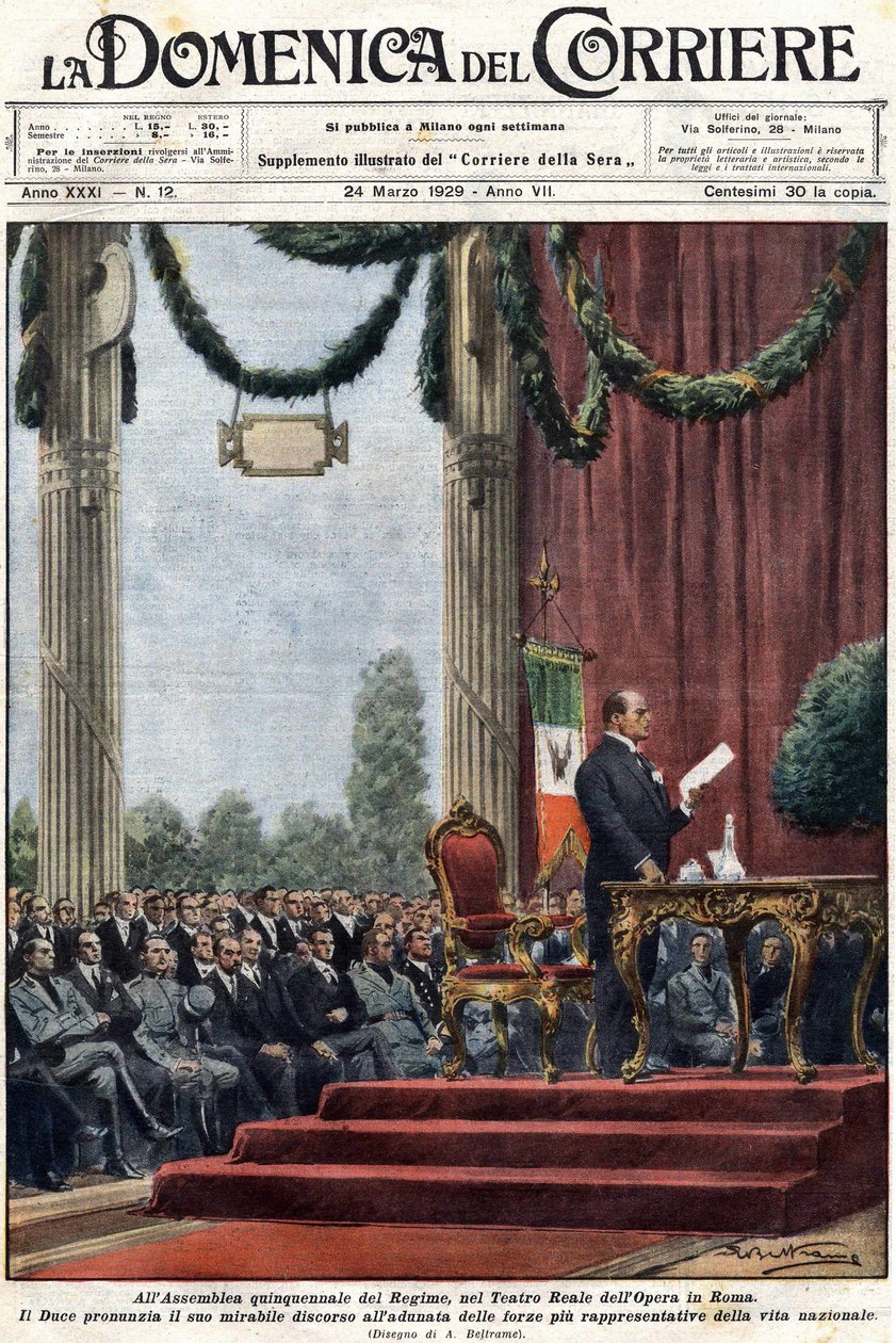 Benito Mussolini přednášel svůj projev v Teatro Reale opery v Římě před vůdci režimu. ilustrace Achilles Beltrame.“ „Domenica del corriere““ z 24. března 1929 od Achille Beltrame