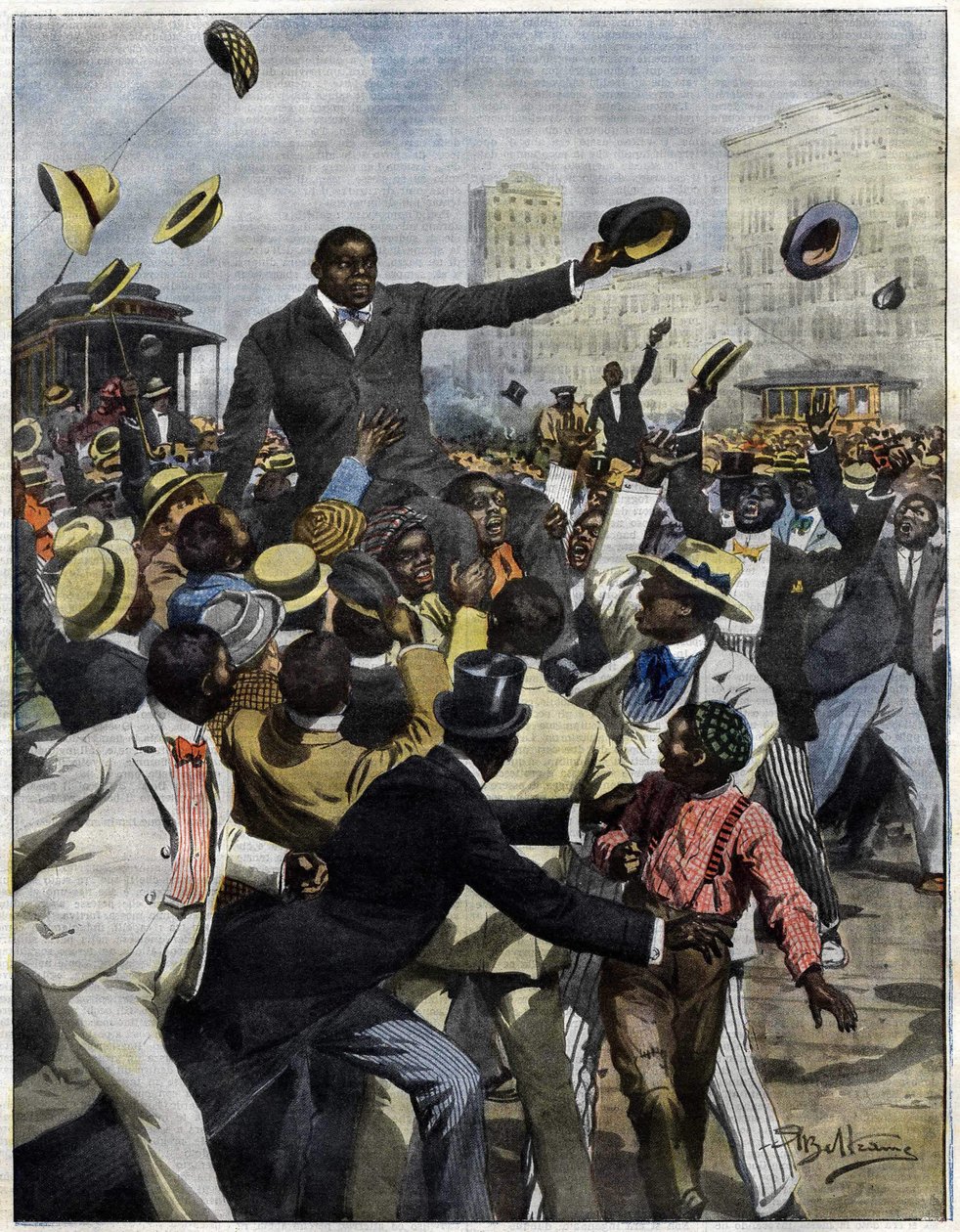 Boxer Jack Johnson přijel do Chicaga v roce 1910. Ilustrace Achille Beltrame pro La Domenica del Corriere””. od Achille Beltrame