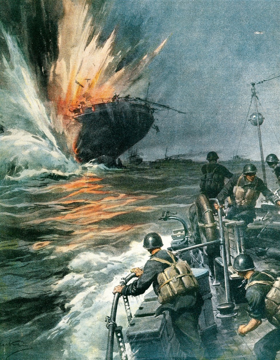 Britská obchodní loď potopená italskou lodí MAS ve Středozemním moři, 3. srpna od Achille Beltrame