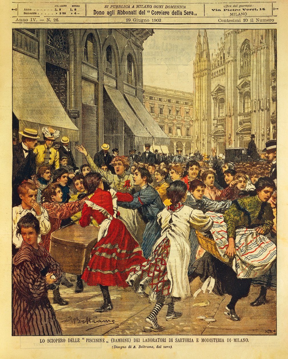 Dětská stávka známá jako Piscinine v krejčovských a kloboučnických dílnách v Miláně, Achille Beltrame, ilustrace, Ilustrátor Achille Beltrame (1871-1945), z La Domenica del Corriere, 29. června 1902 od Achille Beltrame