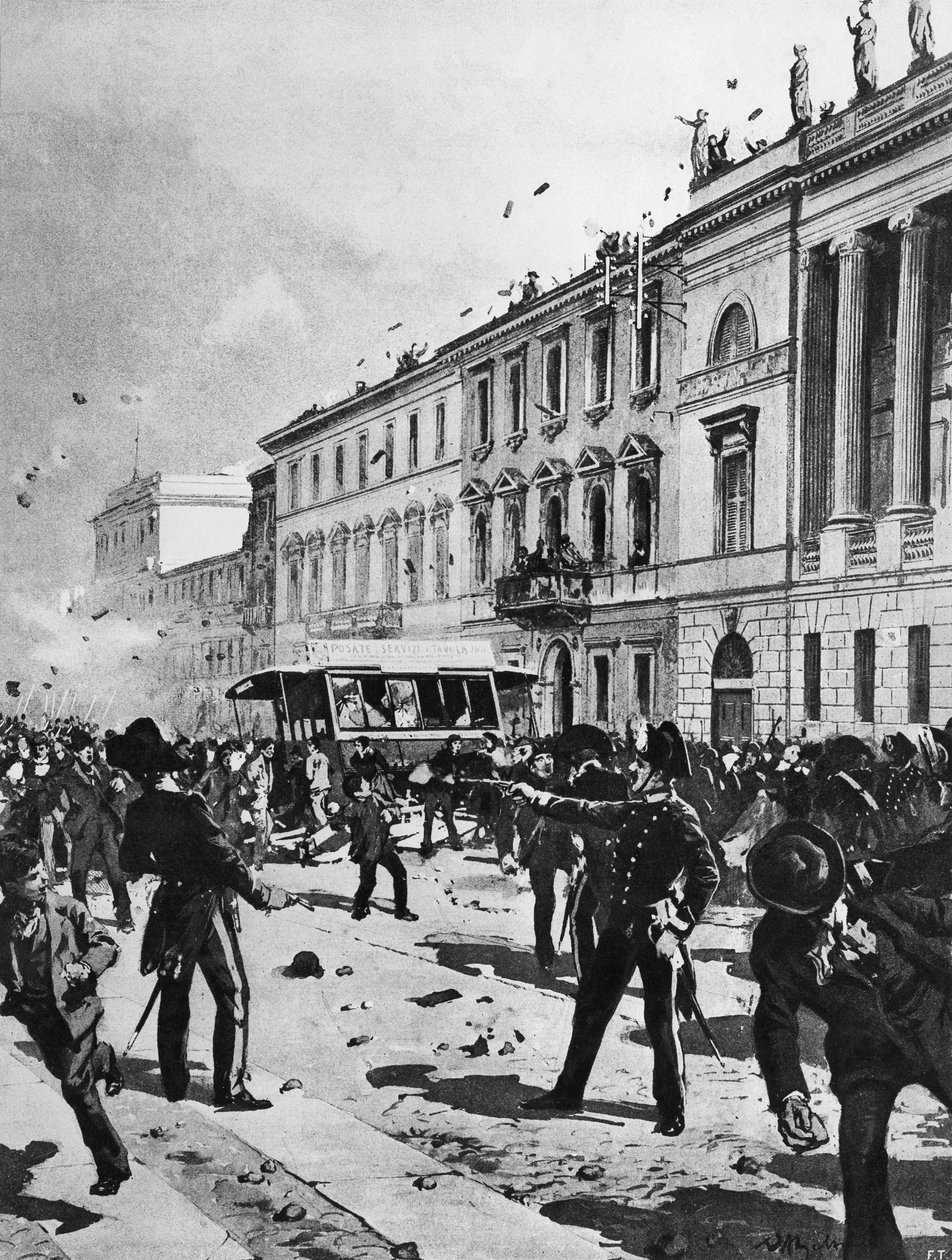 Střet mezi demonstranty a policií v Miláně, Corso Venezia, před Palazzo Saporiti, 7. května od Achille Beltrame