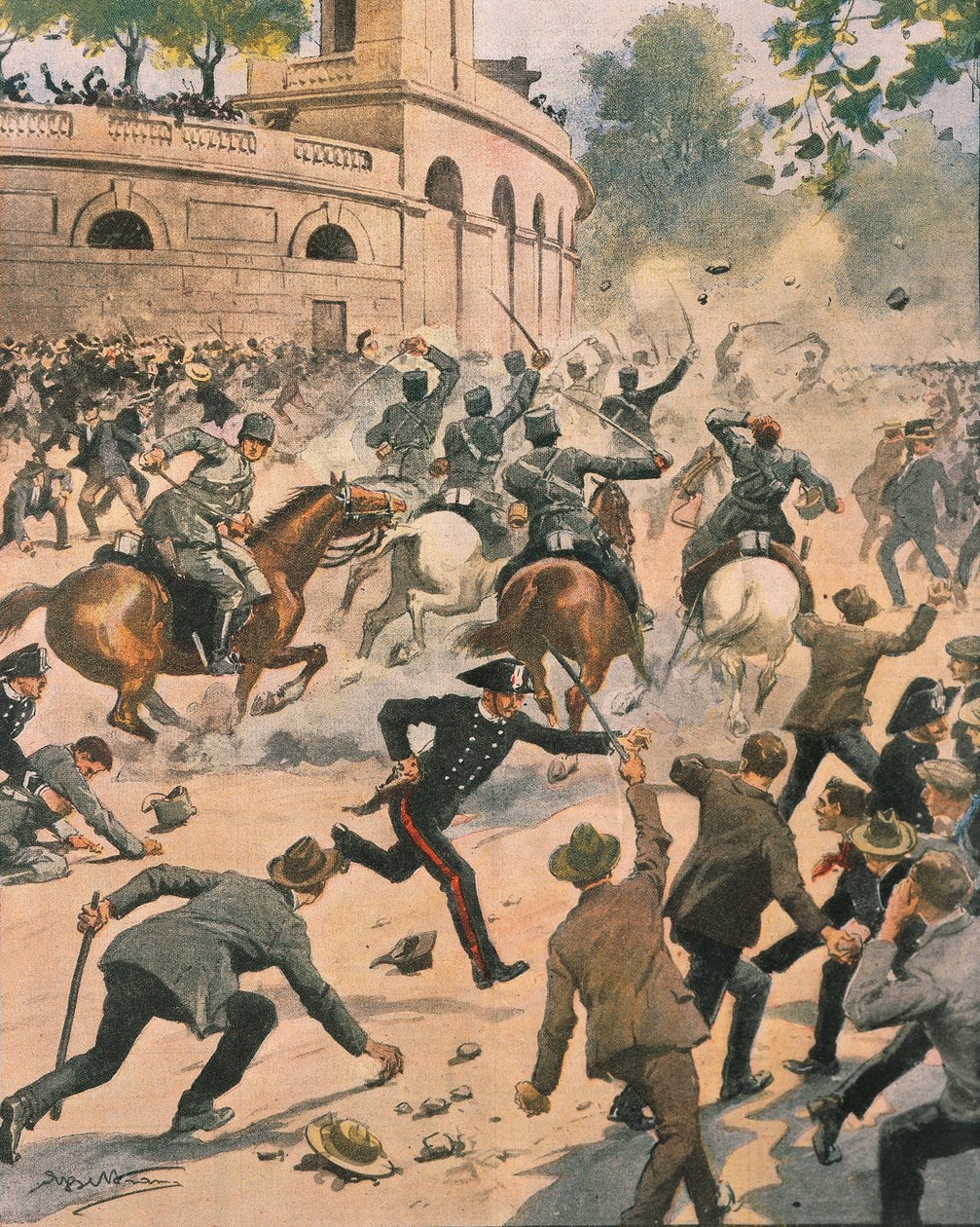 Střety před Arenou během generální stávky v Miláně, ilustrace Achille Beltrame z La Domenica del Corriere, červen 1914 od Achille Beltrame
