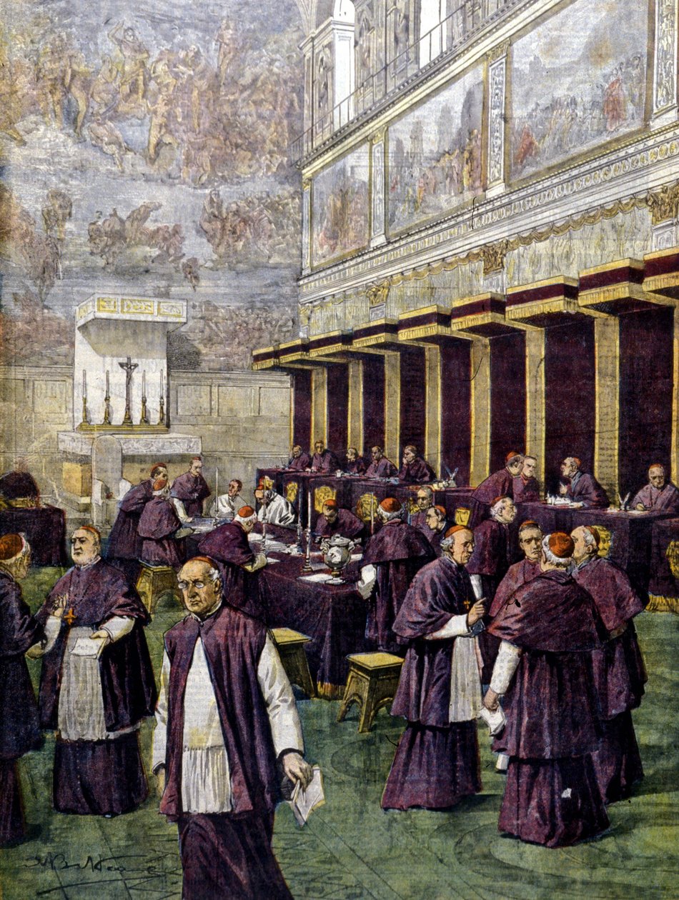 Konkláve v Sixtinské kapli pro volbu nového papeže. Ilustrace Beltrame. Domenica del corriere. 1903. od Achille Beltrame