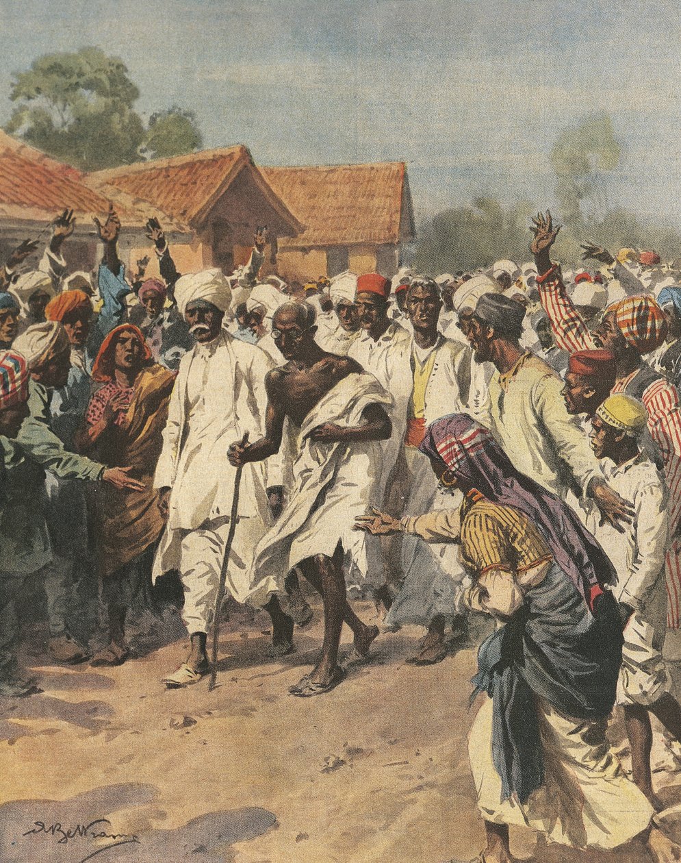 Obálka ilustrující Gándhího a osmdesát mučedníků mířících do solné pánve Jalalpur, ilustrace od Achille Beltrame