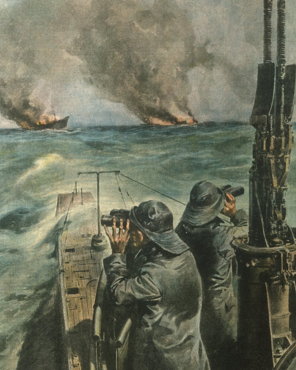Titulní ilustrace anglo-amerických parníků torpédovaných u pobřeží západní Afriky během druhé světové války od Achille Beltrame