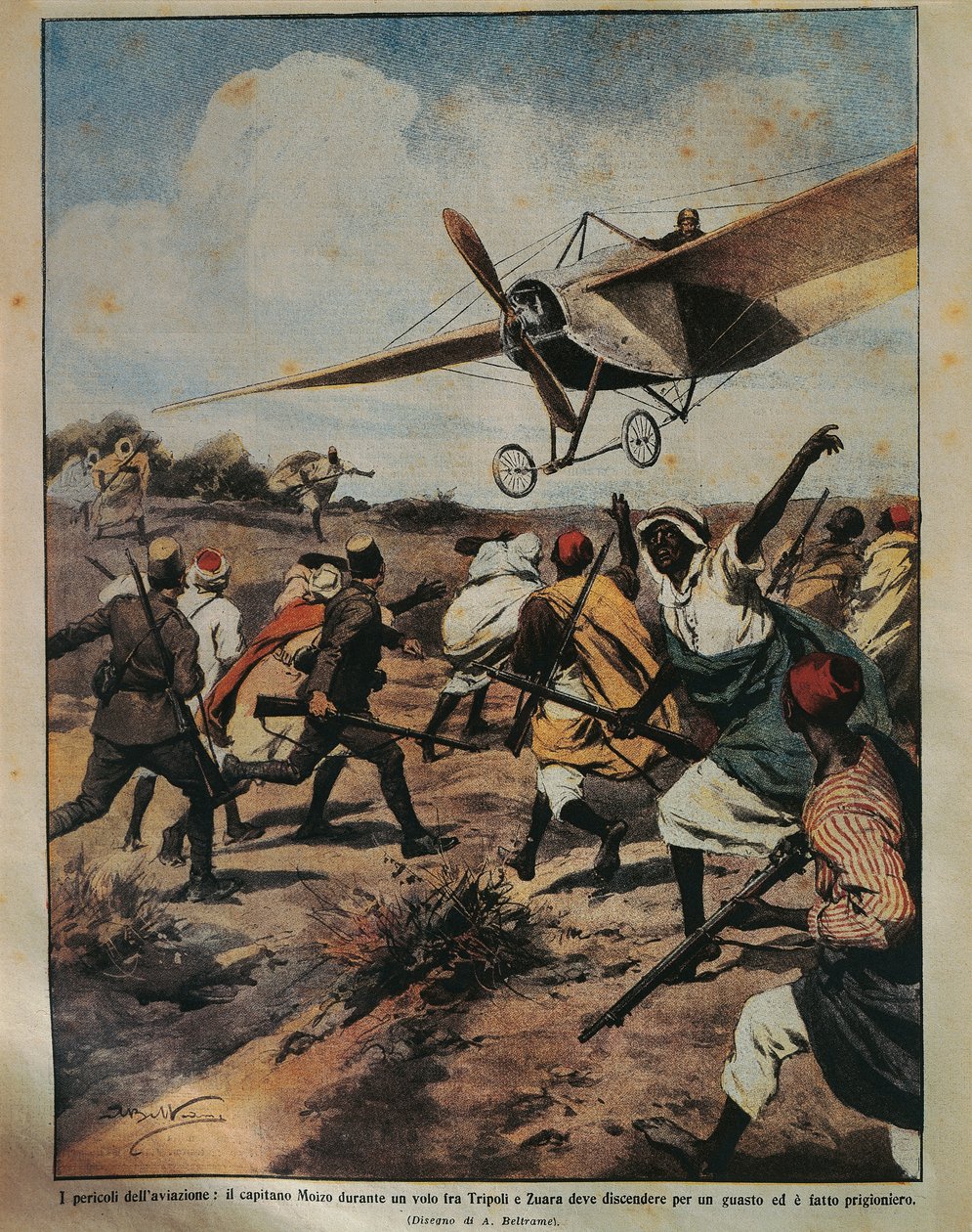 Obálka obrázku kapitána Moiza pokoušejícího se o nouzové přistání během afrického tažení, od Achille Beltrame (1871-1945), z La Domenica del Corriere, 22. září 1912 od Achille Beltrame