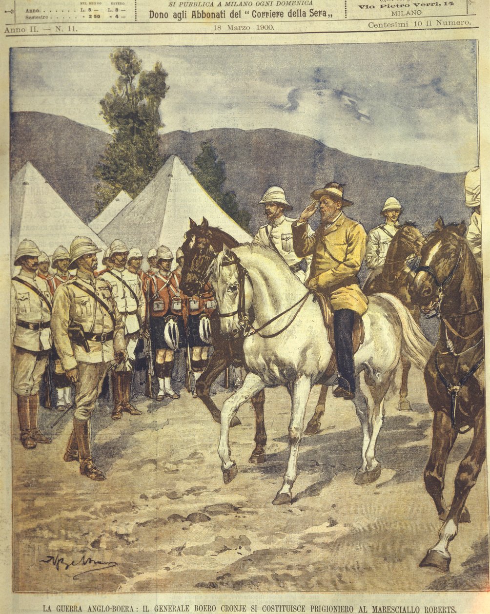 Titulní ilustrace generála Cronje, který se vzdává maršálu Robertsovi během anglo-zuluských a anglo-búrských válek v letech 1850-1902 od Achille Beltrame
