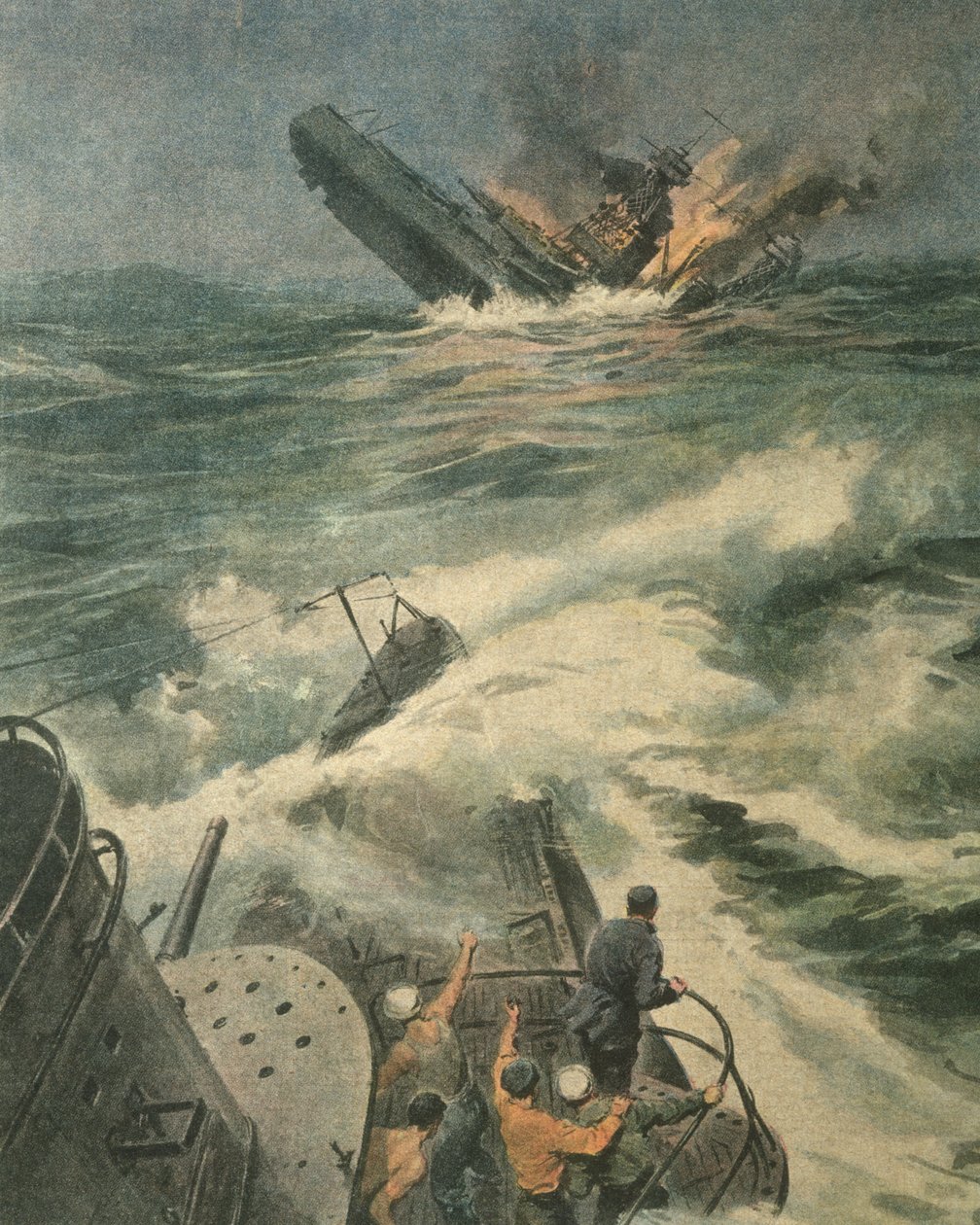 Obálka obrázku americké bitevní lodi třídy Maryland potopená italskou ponorkou Barbarigo v Atlantském oceánu během druhé světové války od Achille Beltrame