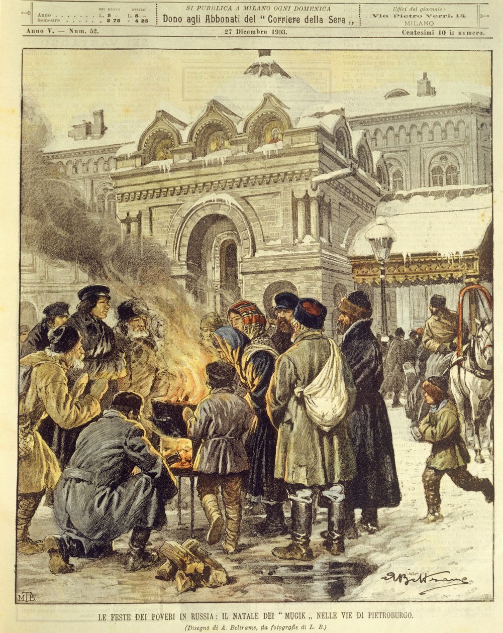 Ilustrace na obálce Mujikové slavící Vánoce v ulicích Petrohradu Rusko od Achille Beltrame