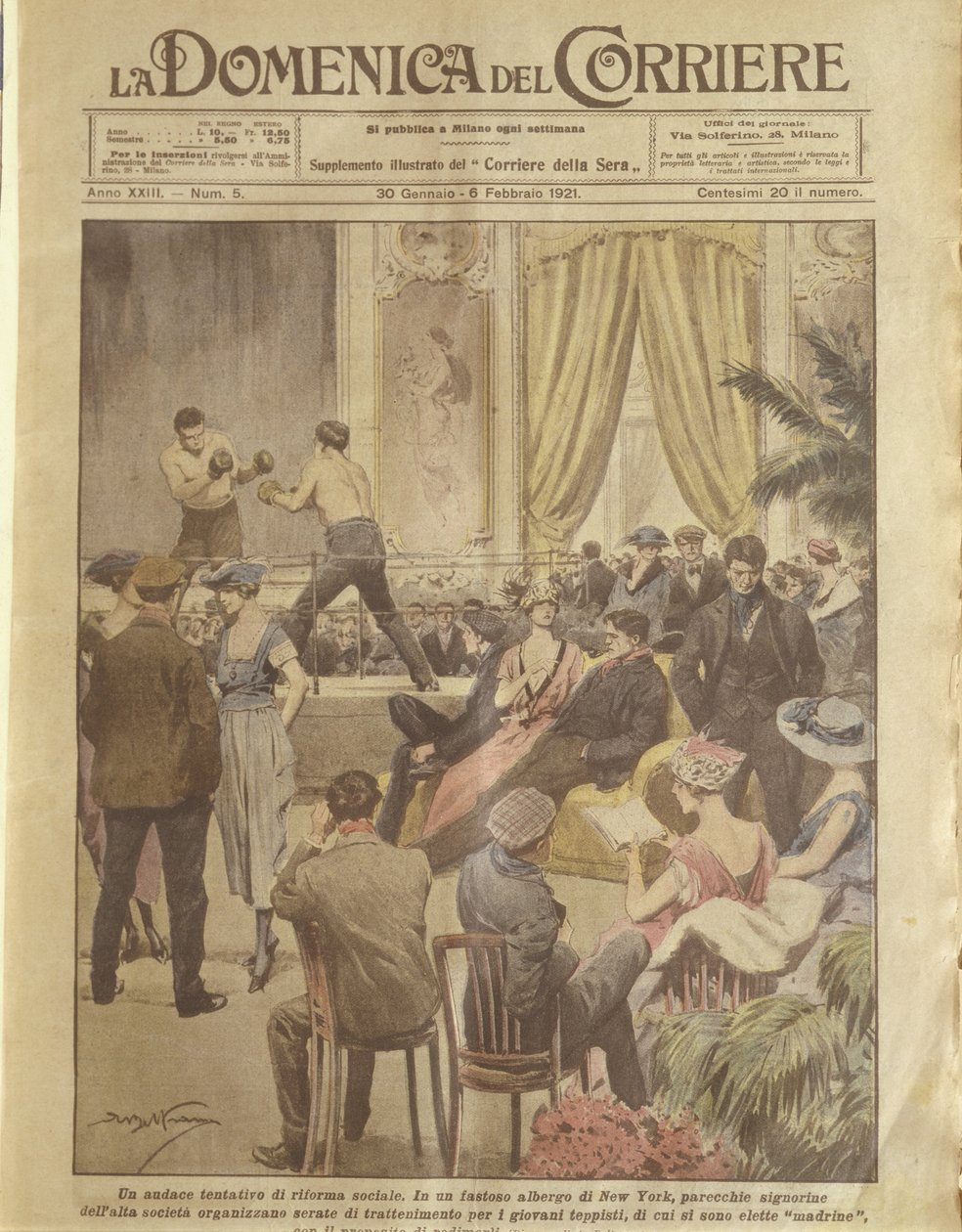 Titulní ilustrace newyorského večírku pro mladé lidi, kteří mají být vykoupeni od Achille Beltrame