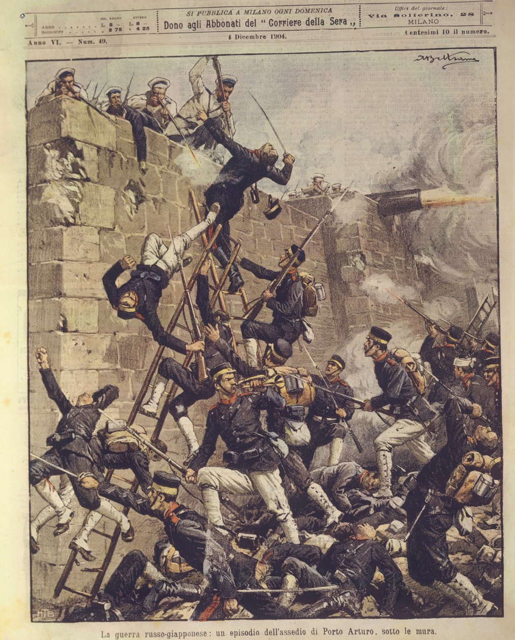 Ilustrace na obálce Obležení Port Arthur v Číně během rusko-japonské války v letech 1904-1905 od Achille Beltrame
