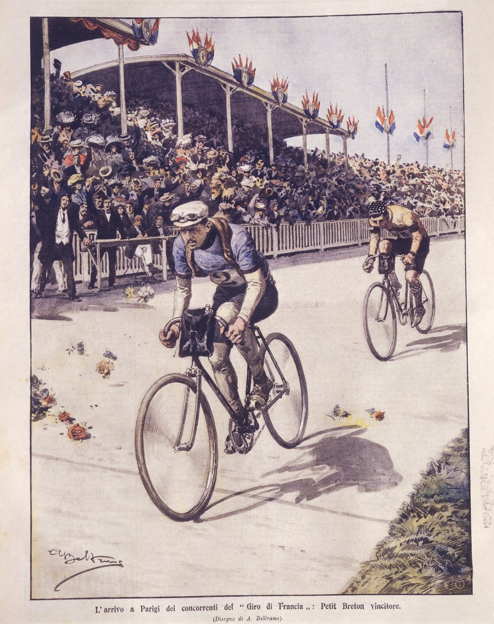 Obálka příjezdu jezdců Tour de France s vítězem Petit-Breton; Paříž, Francie od Achille Beltrame