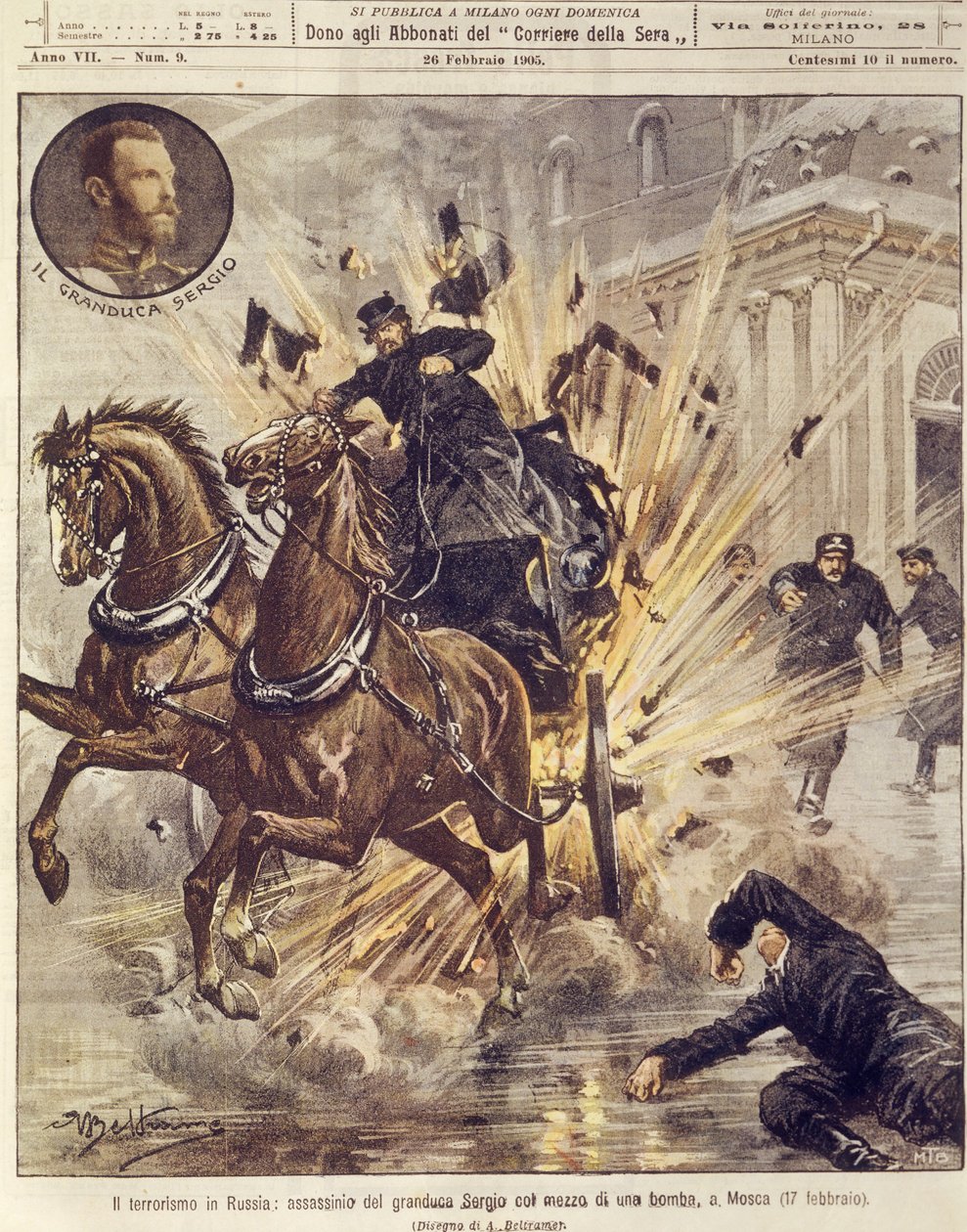 Titulní ilustrace atentátu na velkovévodu Sergeje Alexandroviče Romanova teroristickou bombou v Moskvě, Rusko od Achille Beltrame