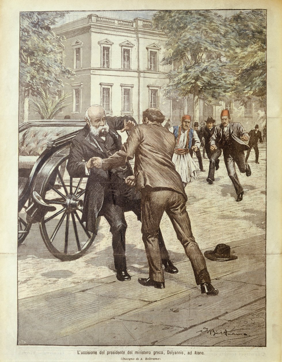Titulní ilustrace atentátu na řeckého premiéra Delyannise; Atény, Řecko od Achille Beltrame