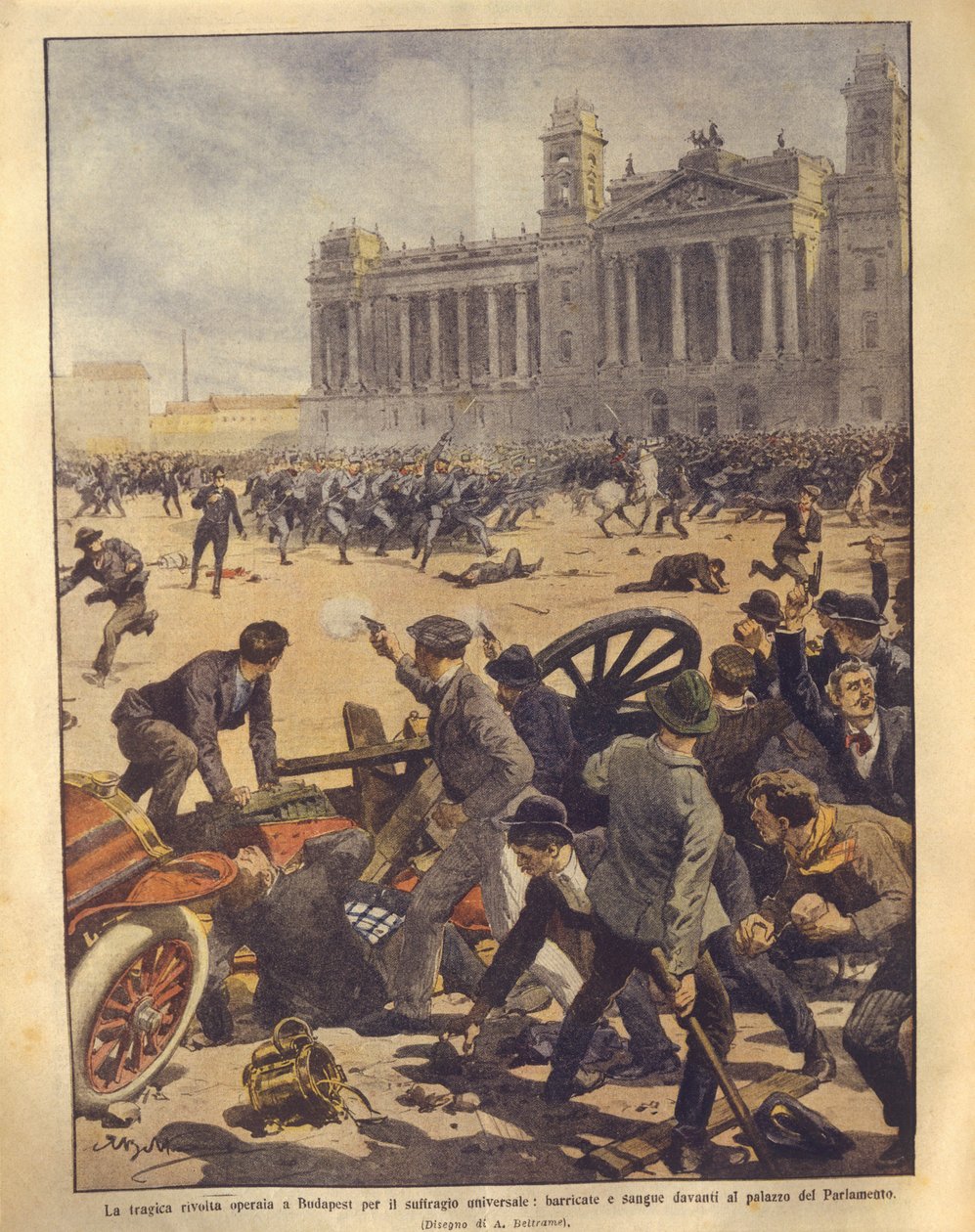 Titulní ilustrace bojů na náměstí parlamentu během budapešťského povstání od Achille Beltrame