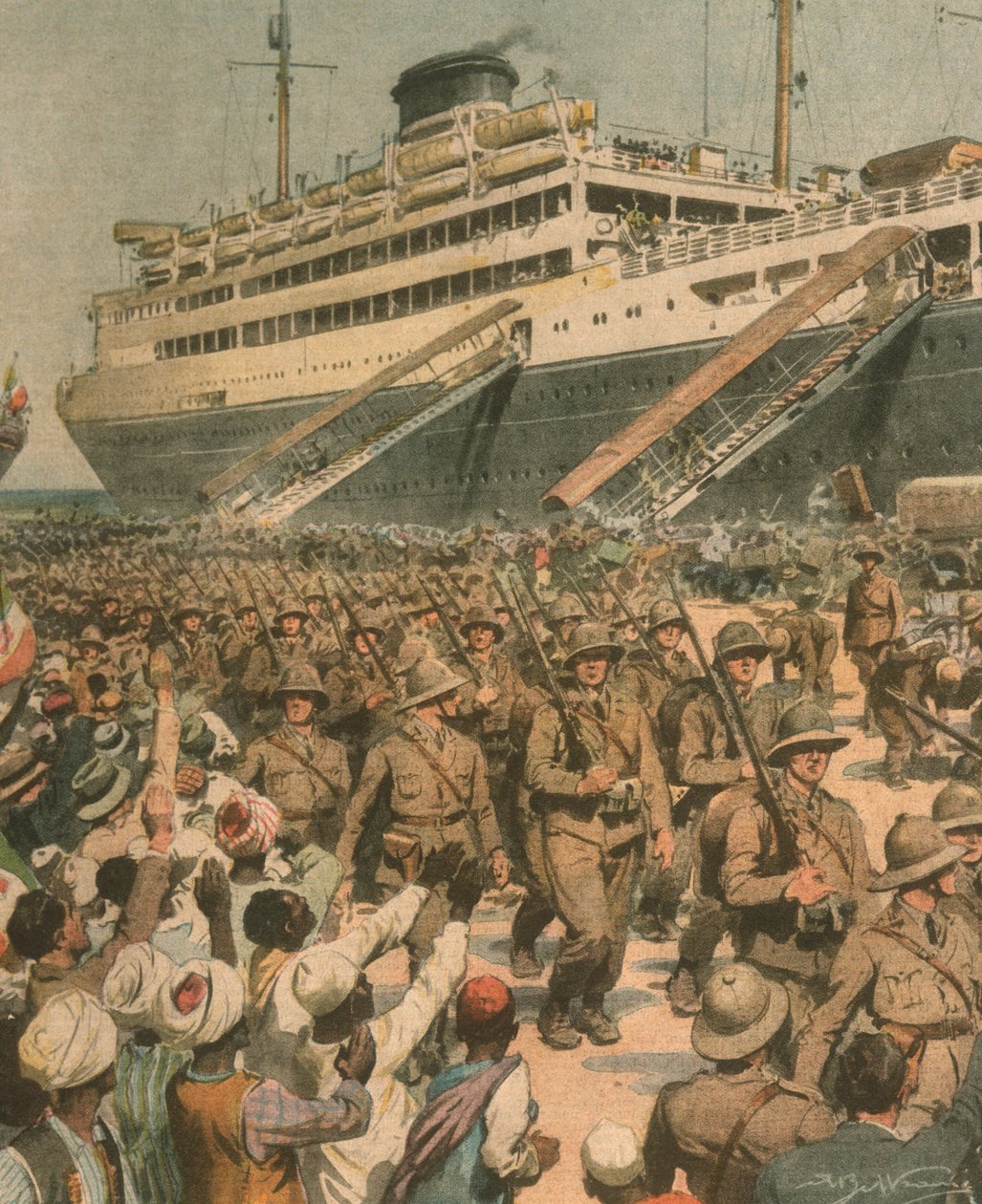 Titulní ilustrace vylodění italských jednotek ve východní Africe od Achille Beltrame