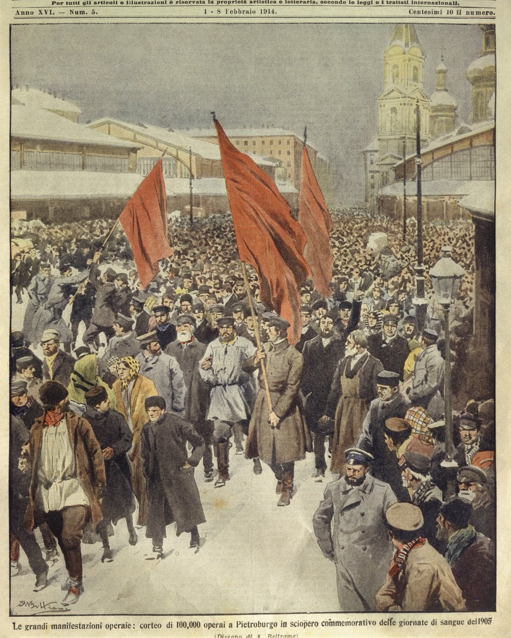 Titulní ilustrace sto tisíc dělníků pochodujících na památku Krvavé neděle roku 1905; Petrohrad, Rusko od Achille Beltrame