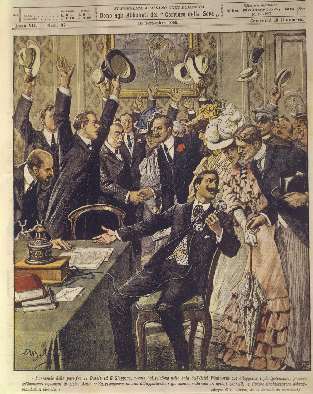 Titulní ilustrace lidí oslavujících vyhlášení mírové smlouvy mezi Ruskem a Japonskem během rusko-japonské války v letech 1904-1905 od Achille Beltrame