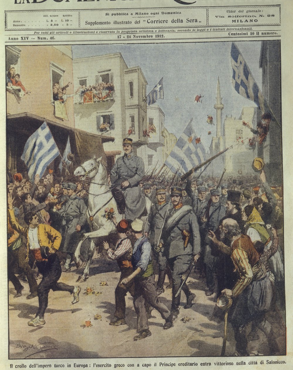 Obálka ilustrace vítězné řecké armády vstupující do Soluně během pádu Turecké říše od Achille Beltrame
