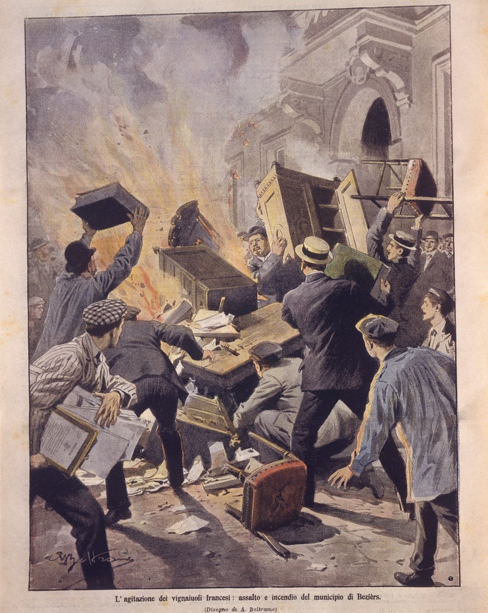 Titulní ilustrace vinařů, kteří zapálili radnici Beziers během povstání ve Francii od Achille Beltrame