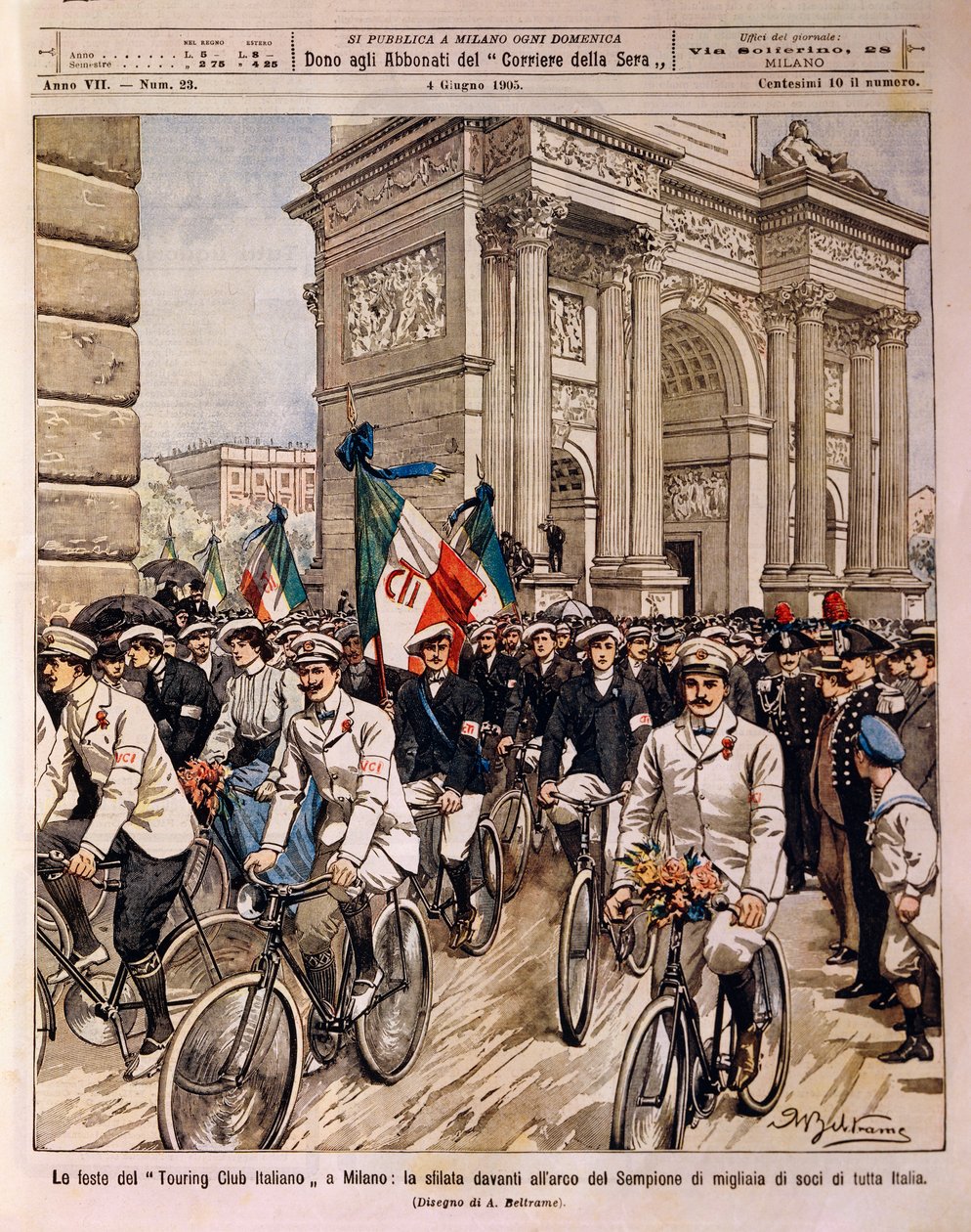 Cyklisté defilují u Arch of Peace, oslava italského turistického klubu v Miláně, Itálie, ilustrace Achille Beltrame z La Domenica del Corriere, 4. června od Achille Beltrame