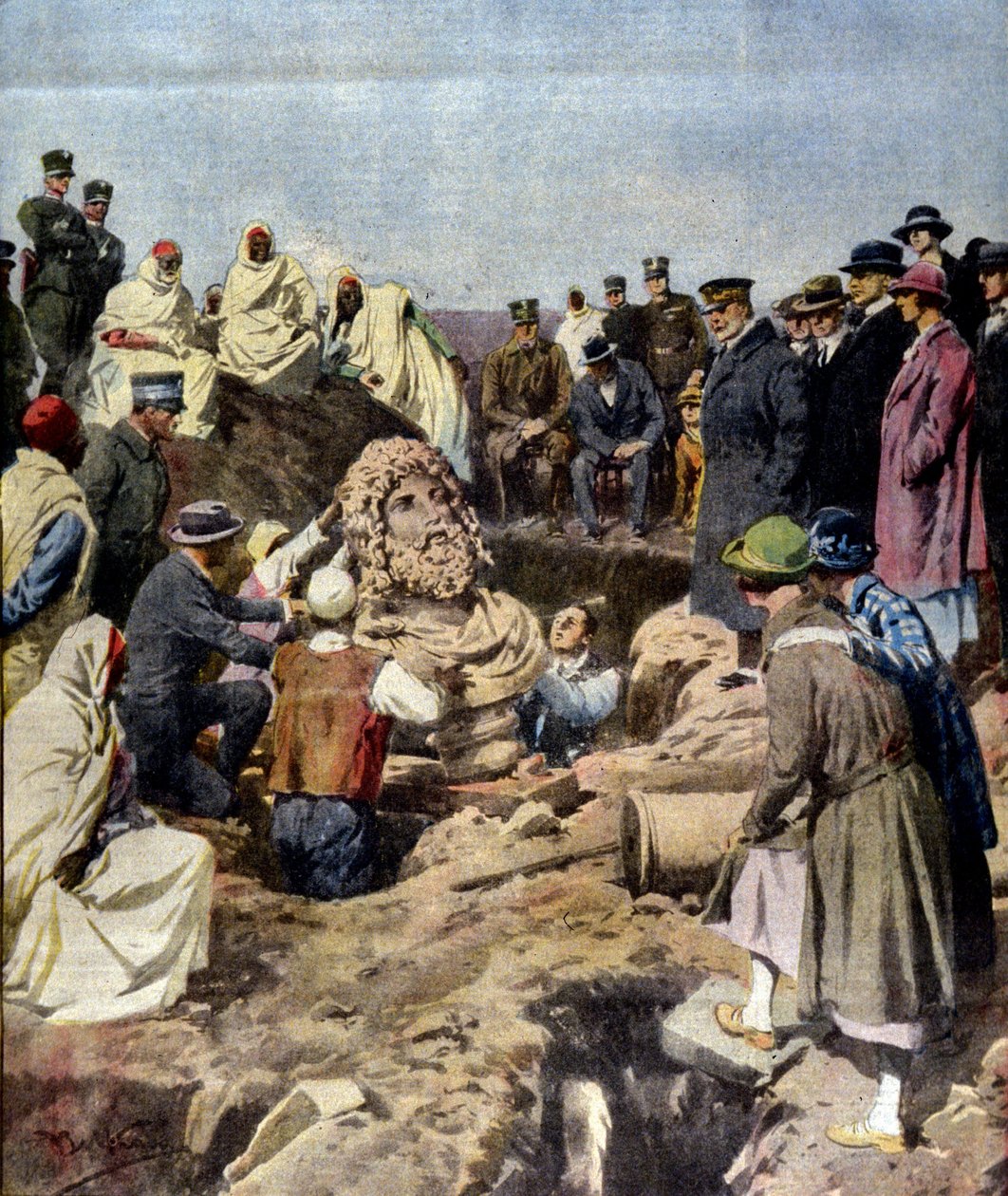 Objev busty Jupitera v Sabratha v Libyi v roce 1925. ilustrace Achille Beltrame od Achille Beltrame