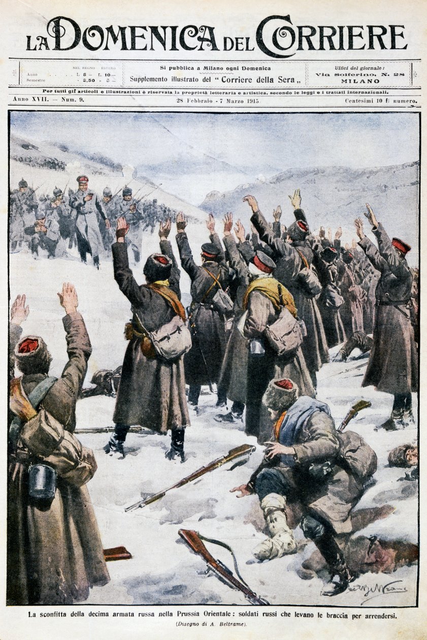 Porážka desáté ruské armády ve východním Prusku: Ruští vojáci vzdávající se zbraně, deska Achille Beltrame (1871-1945) z La Domenica del Corriere, 28. února-7. března 1915 od Achille Beltrame