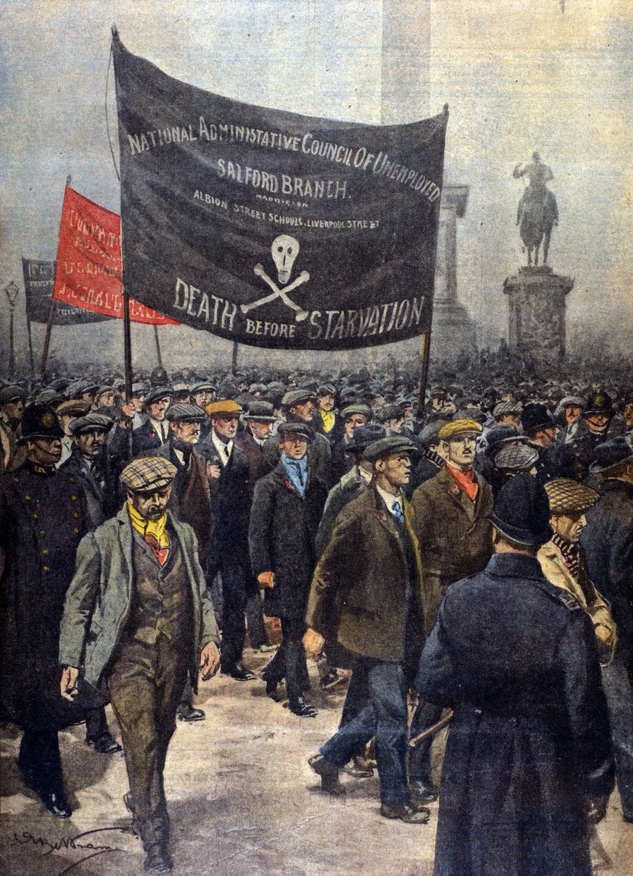 Stávková demonstrace nezletilých. Londýn 1922. Ilustrace Achille Beltrame. "La Domenica del Corriere". od Achille Beltrame