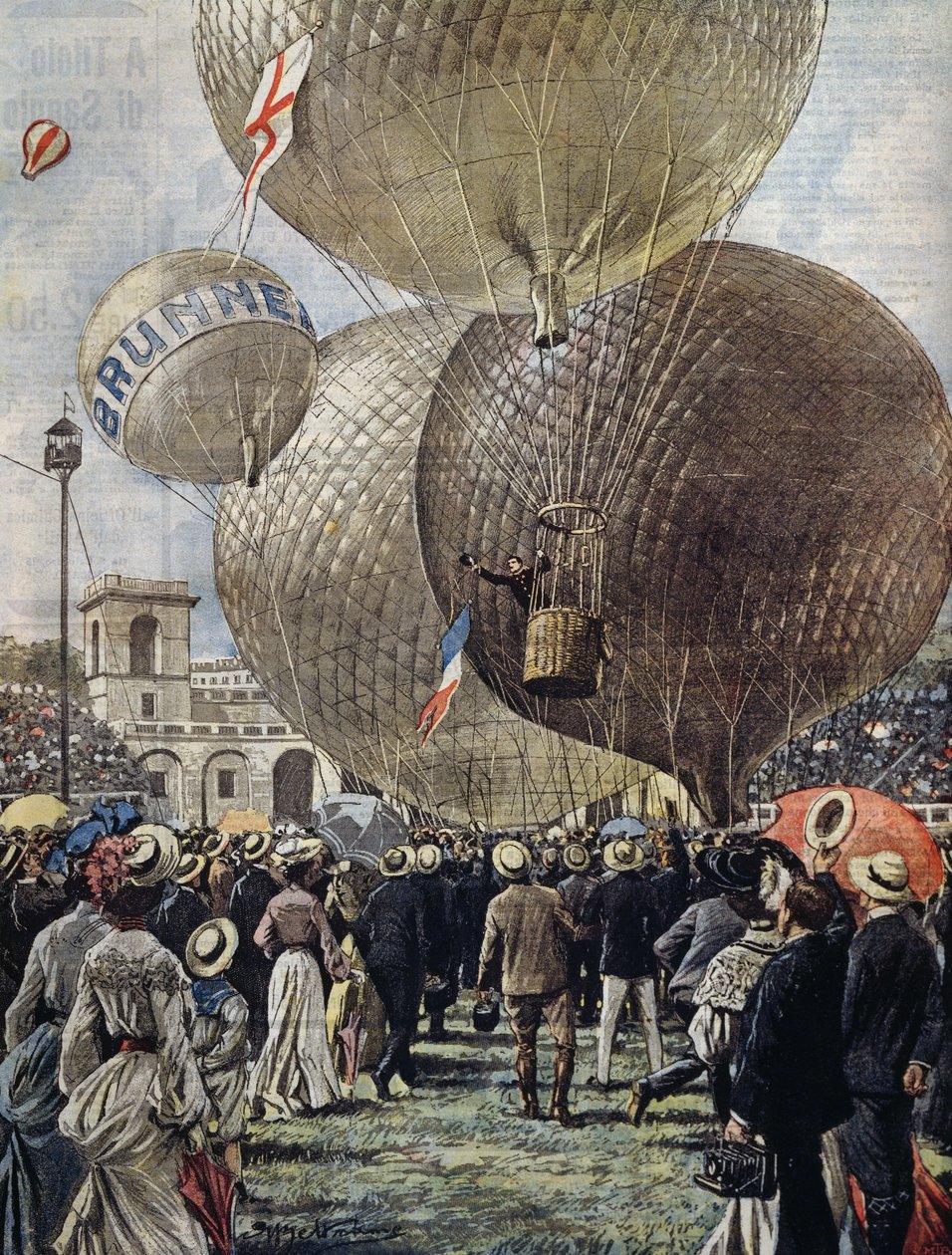 Odlet horkovzdušného balónu na Milan Air Show, ilustrace Achille Beltrame z La Domenica del Corriere, 19. června od Achille Beltrame