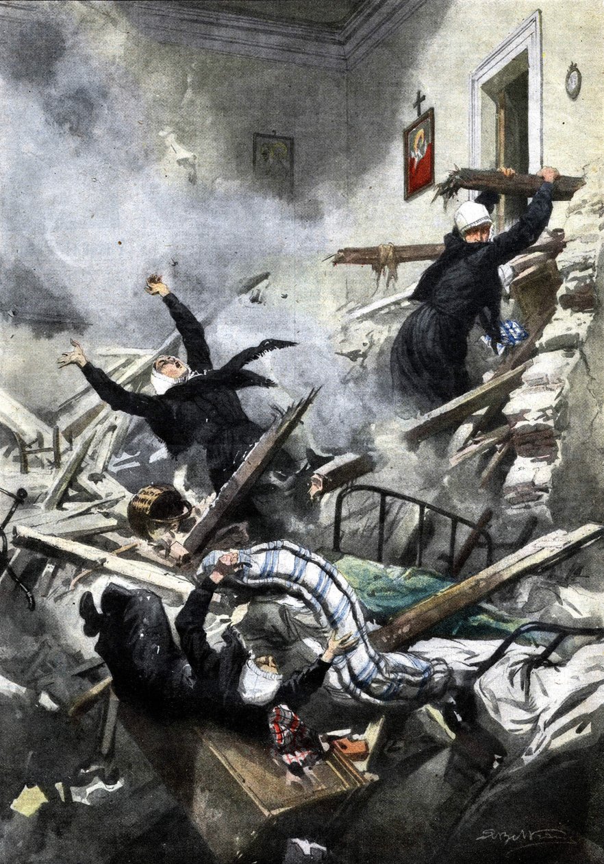 Katastrofa v budově v Janově: dobré sestry zmizely při zřícení dvou bytů. Ill. de Beltrame. "La Domenica del Corriere". 04/1914. od Achille Beltrame