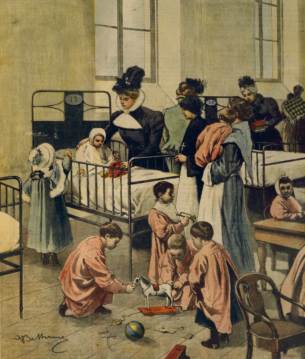 Distribuce vánočních dárků chudým dětem v nemocnici, Achille Beltrame, ilustrace, Ilustrátor Achille Beltrame (1871-1945), z La Domenica del Corriere, 23. listopadu 1900 od Achille Beltrame