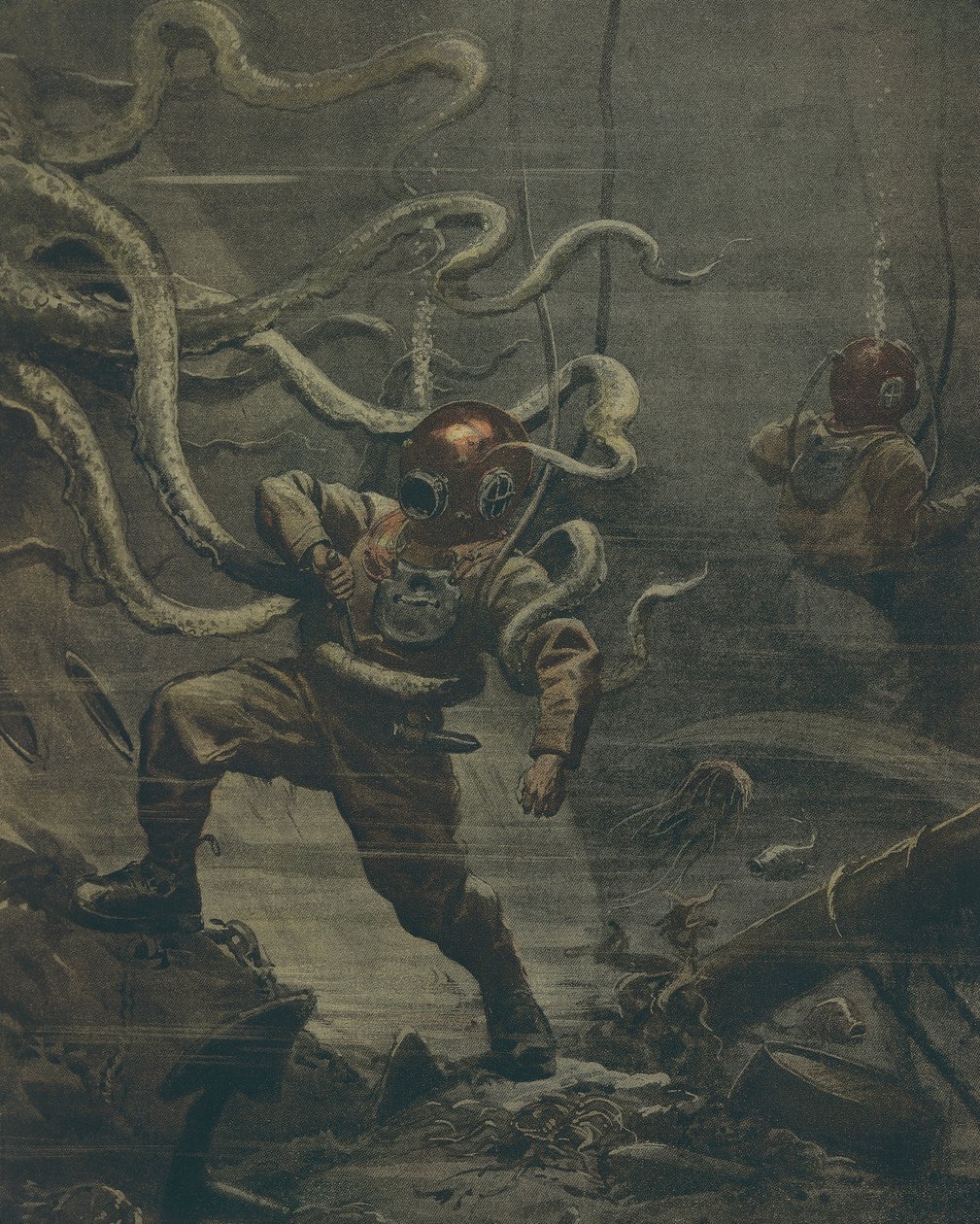 Potápěč napaden obří chobotnicí během ponoru, Achille Beltrame, ilustrace, Ilustrátor Achille Beltrame (1871-1945), z La Domenica del Corriere, 25. října 1908 od Achille Beltrame