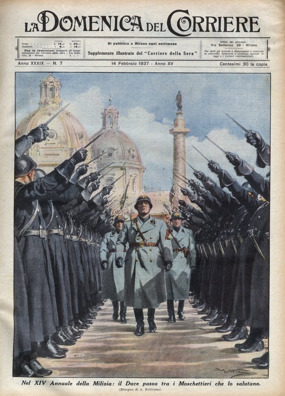 Vévoda Benito Mussolini hodnotí „mušketýry“ Dobrovolné milice pro národní bezpečnost v Římě. Ilustrace Achillea Beltramea v "" The Sunday of the Courier "" 14/02/1937. od Achille Beltrame