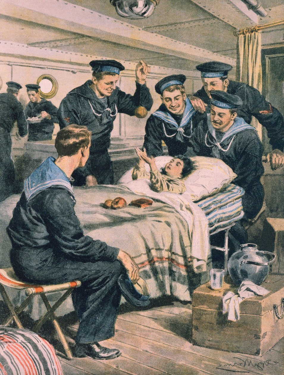 Zemětřesení v Messině, dítě bylo zachráněno námořnictvem z ruin a transportováno lodí, Achille Beltrame, ilustrace, Ilustrátor Achille Beltrame (1871-1945), z La Domenica del Corriere, 28. prosince 1908 od Achille Beltrame