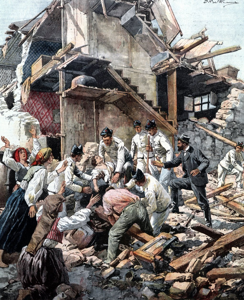 Zemětřesení v Reggiu (Kalábrie) 28.12.1908. Vojáci pátrají v troskách po obětech zemětřesení. Ilustrace Beltrame. od Achille Beltrame