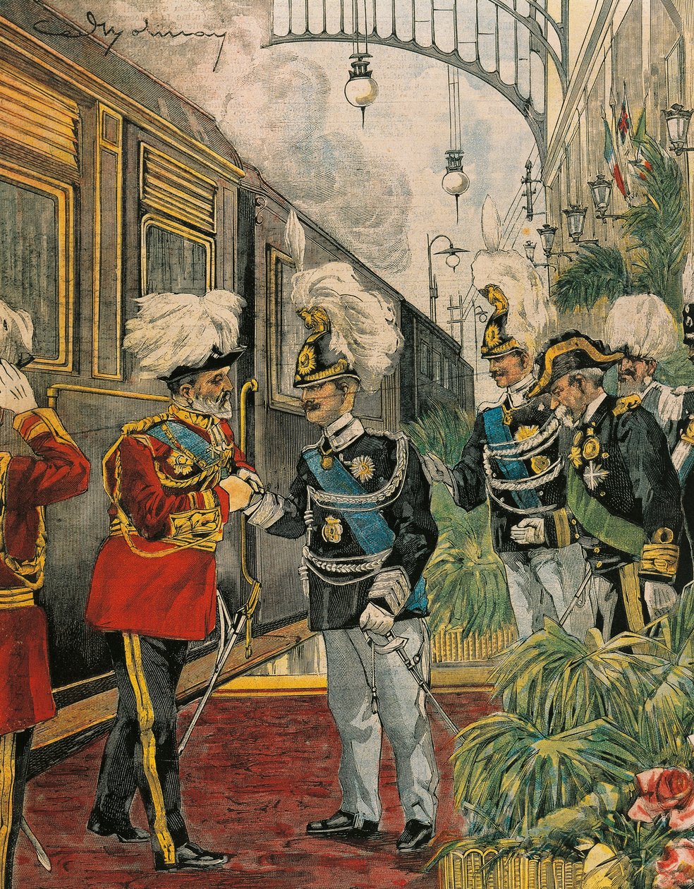 Edward VII, anglický král, přijíždí do Říma, Achille Beltrame, ilustrace, Ilustrátor Achille Beltrame (1871-1945), z La Domenica del Corriere od Achille Beltrame