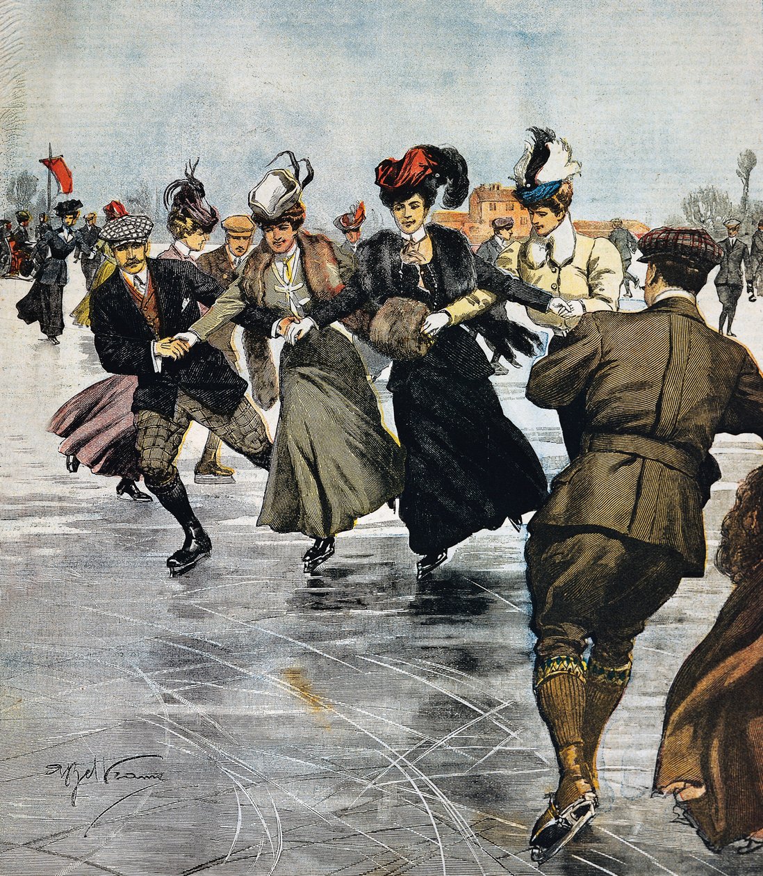 Zábavy v módě, bruslení, ilustrace Achille Beltrame (1871-1945), z La Domenica del Corriere, 27. ledna od Achille Beltrame